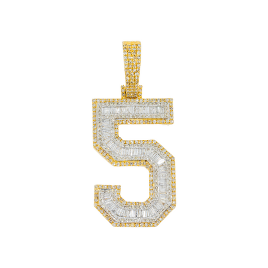 10K GOLD BAGUETTE AND ROUND DIAMOND NUMBER 5 PENDANT 2.03 CT