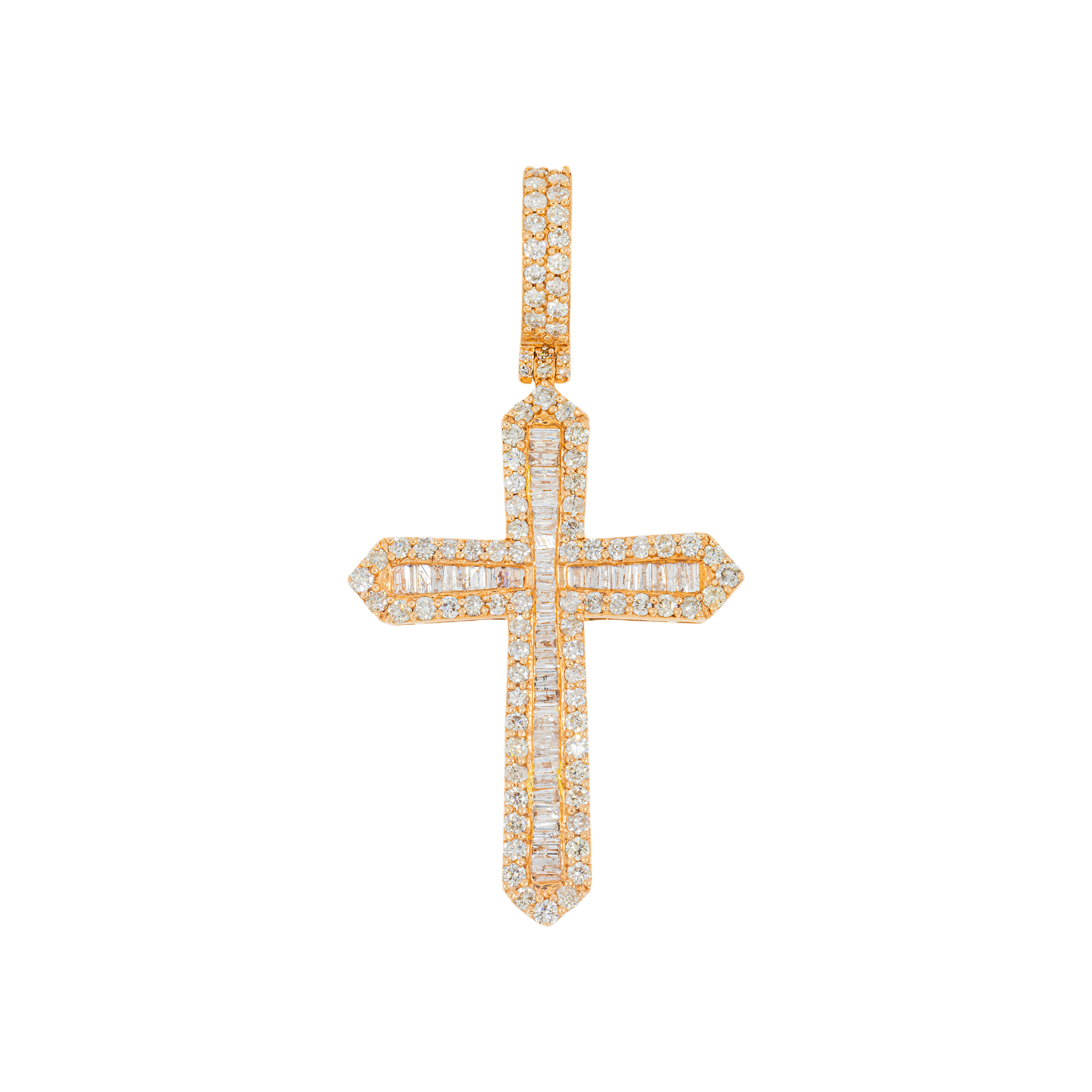 14K GOLD ROUND AND BAGUETTE DIAMOND CROSS PENDANT 2.54 CT