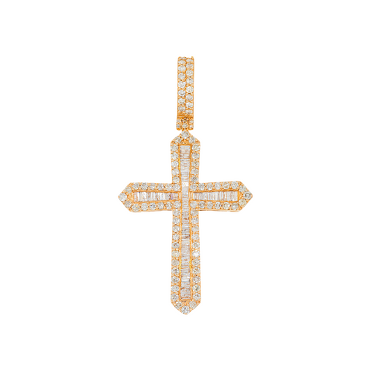 14K GOLD ROUND AND BAGUETTE DIAMOND CROSS PENDANT 2.54 CT