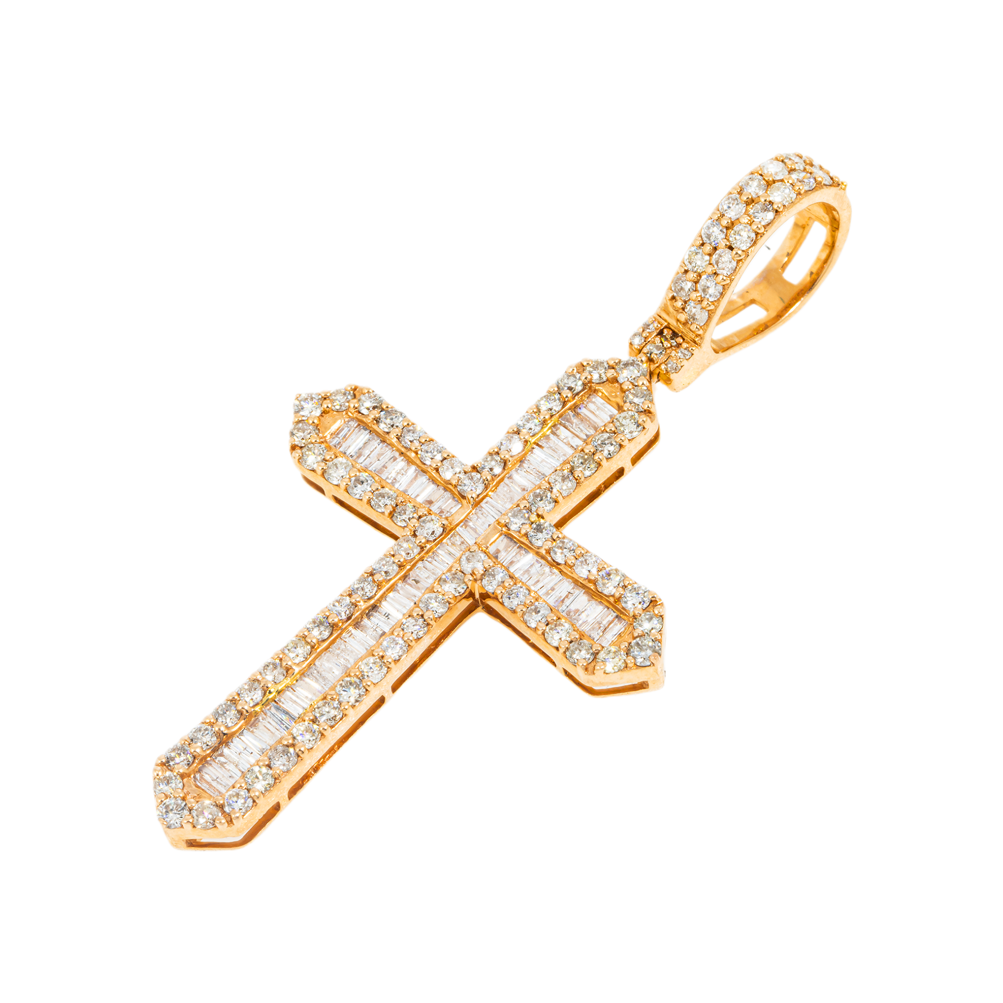 14K GOLD ROUND AND BAGUETTE DIAMOND CROSS PENDANT 2.54 CT