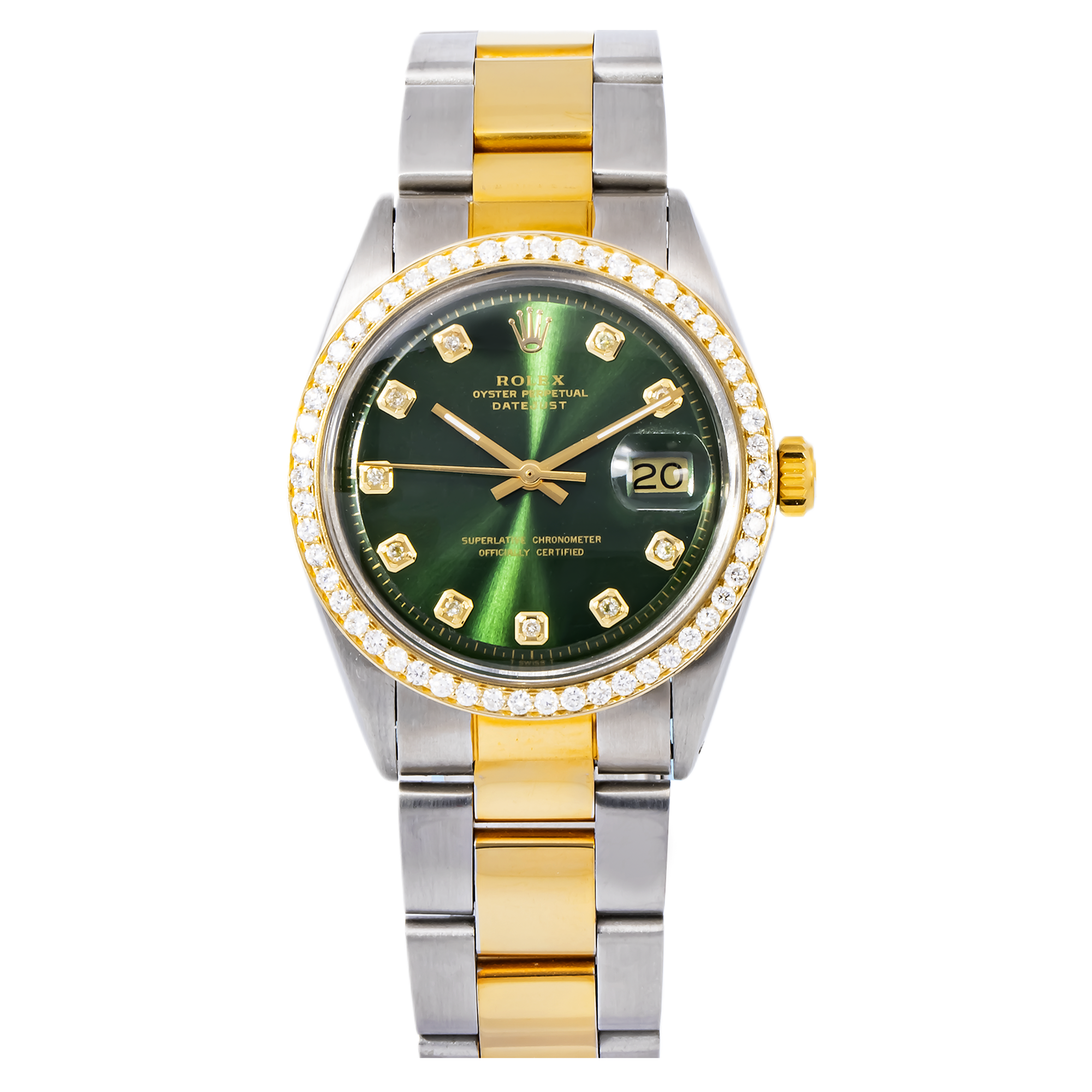 ROLEX DATEJUST 1603 36MM GREEN DIAMOND DIAL WITH TWO TONE OYSTER BRACELET