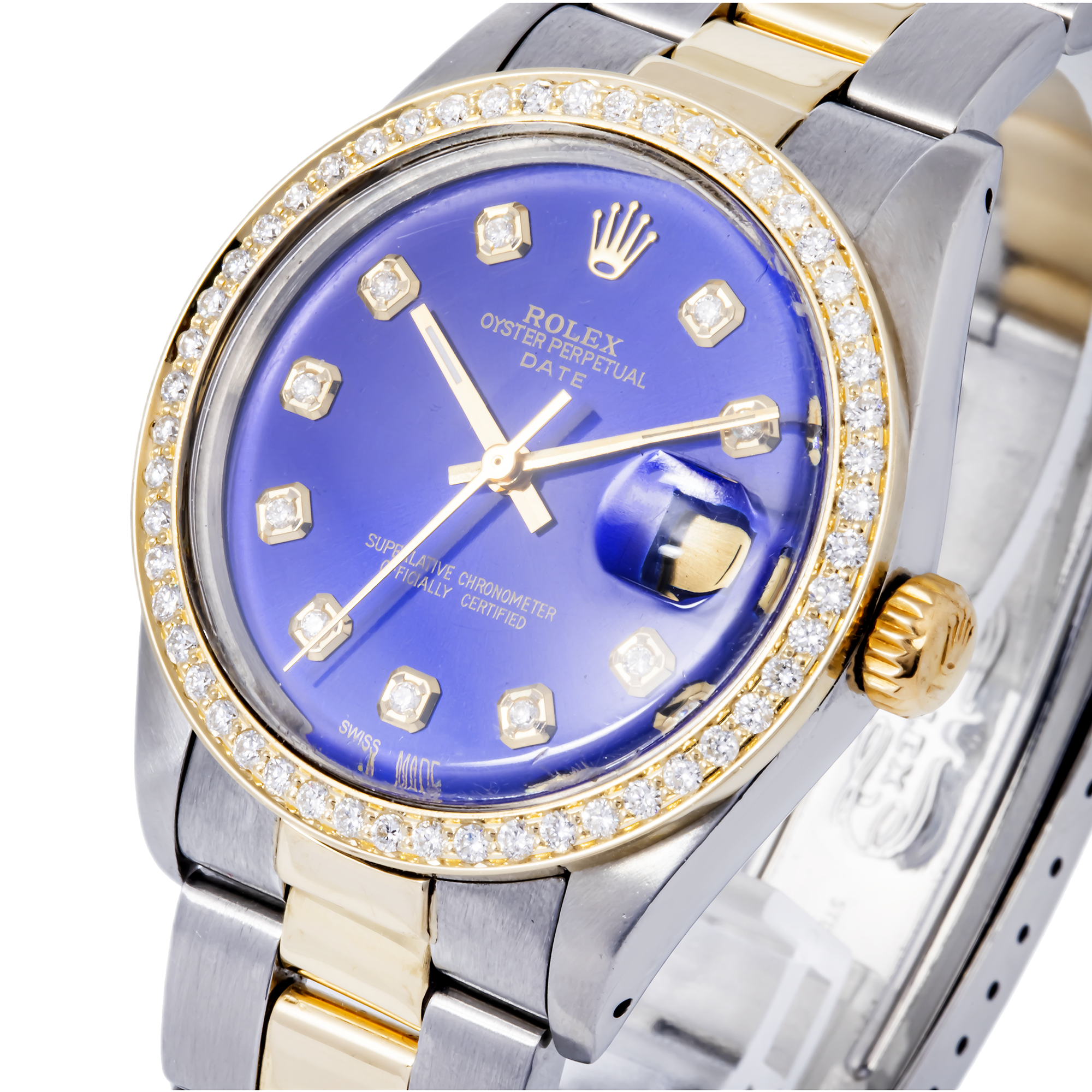 ROLEX OYSTER PERPETUAL  DATE 1505 34MM, BLUE DIAMOND DIAL WITH TWO TONE OYSTER BRACELET