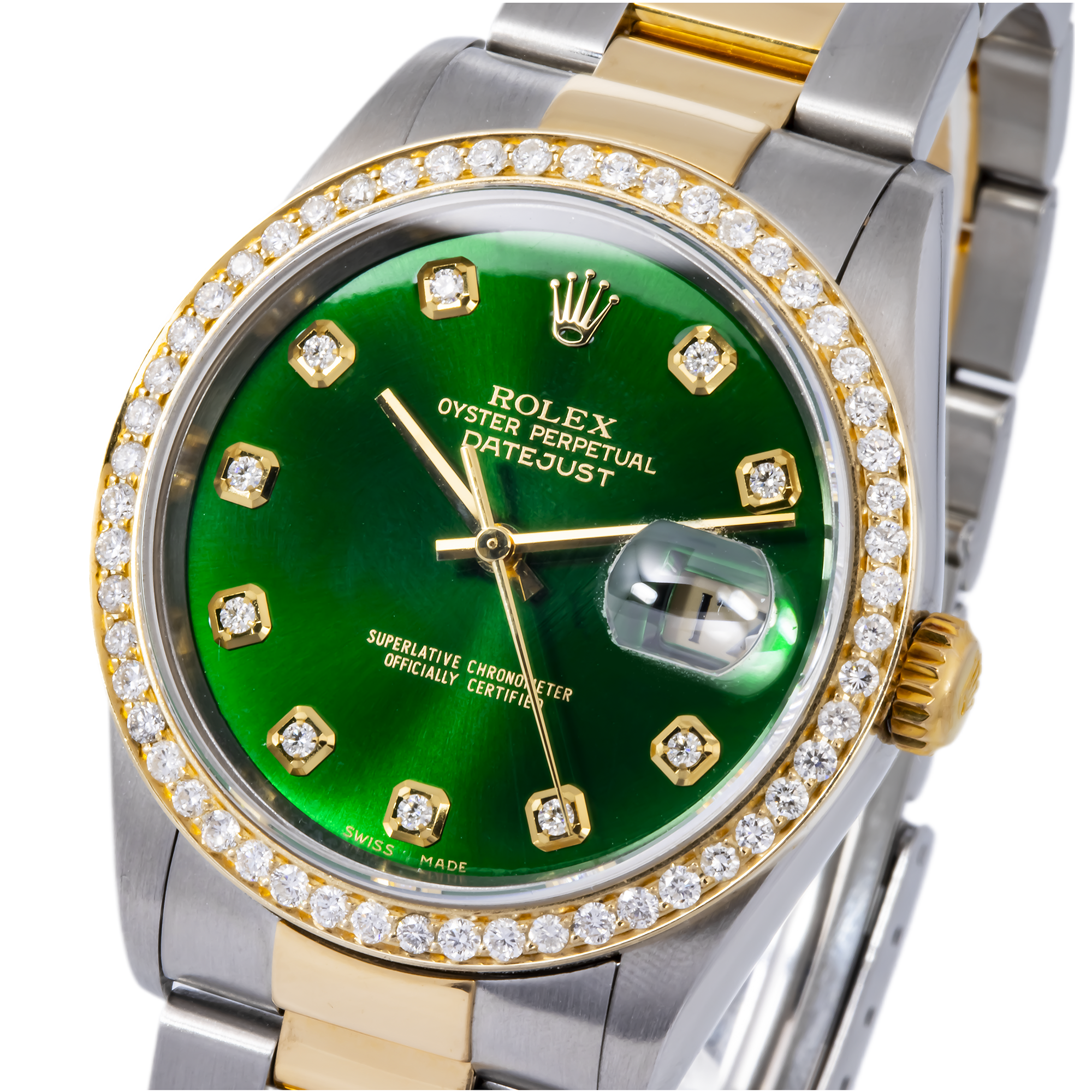 ROLEX DATEJUST 16203 36MM GREEN DIAMOND DIAL WITH TWO TONE OYSTER BRACELET