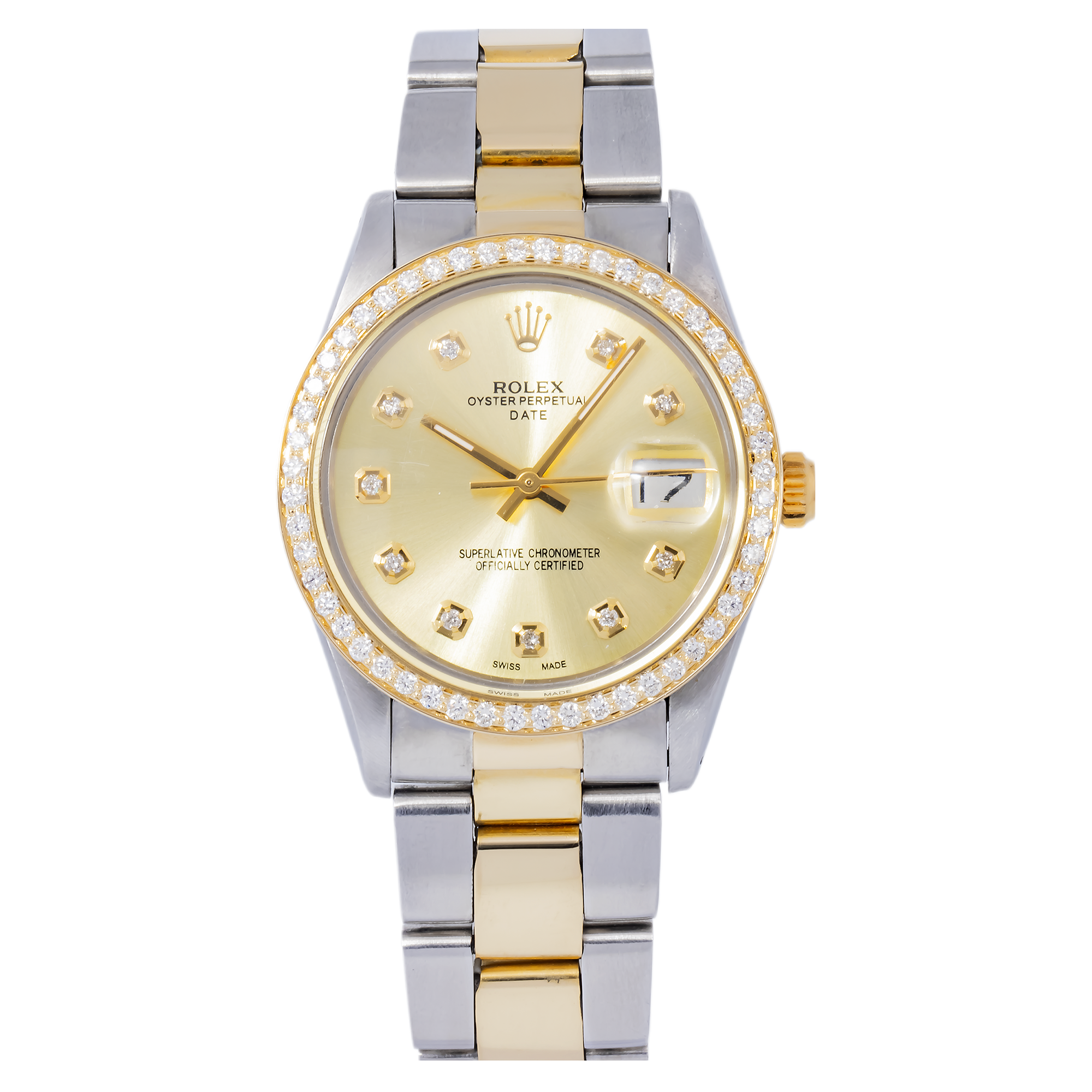ROLEX OYSTER PERPETUAL DATE 15000 34MM CHAMPAGNE DIAL WITH TWO TONE OYSTER BRACELET