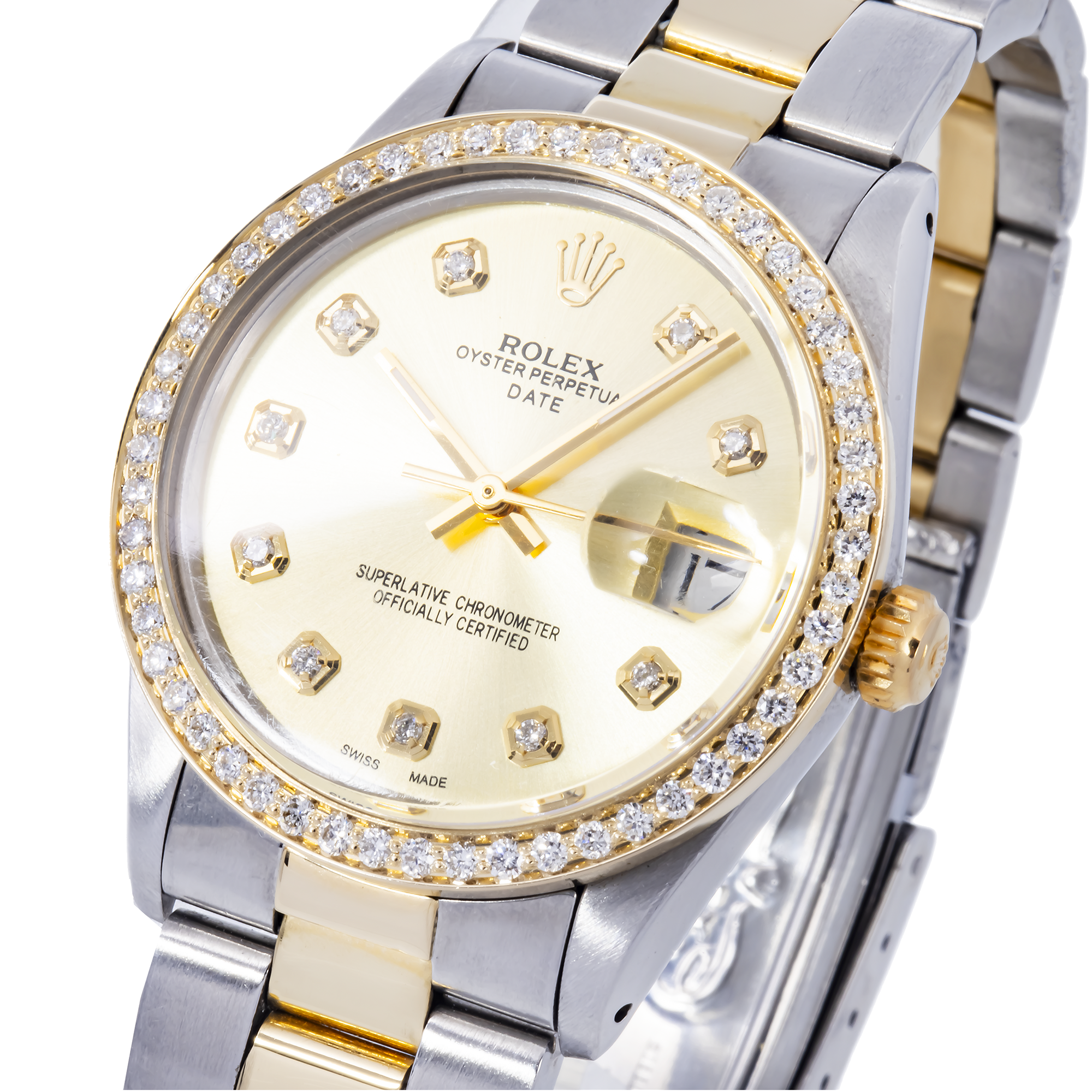 ROLEX OYSTER PERPETUAL DATE 15000 34MM CHAMPAGNE DIAL WITH TWO TONE OYSTER BRACELET