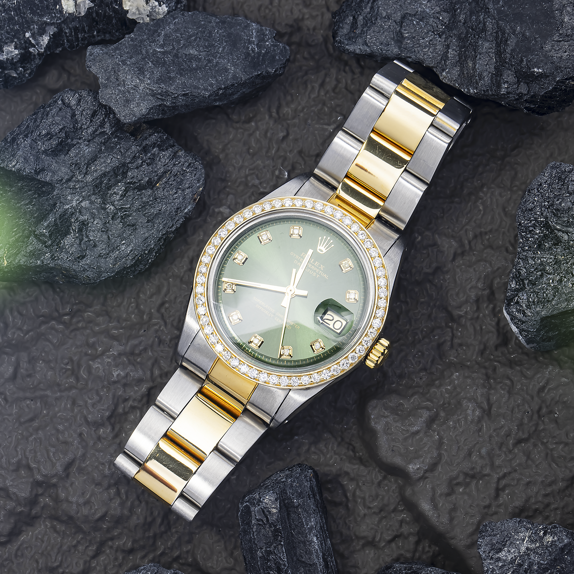 ROLEX DATEJUST 1603 36MM GREEN DIAMOND DIAL WITH TWO TONE OYSTER BRACELET