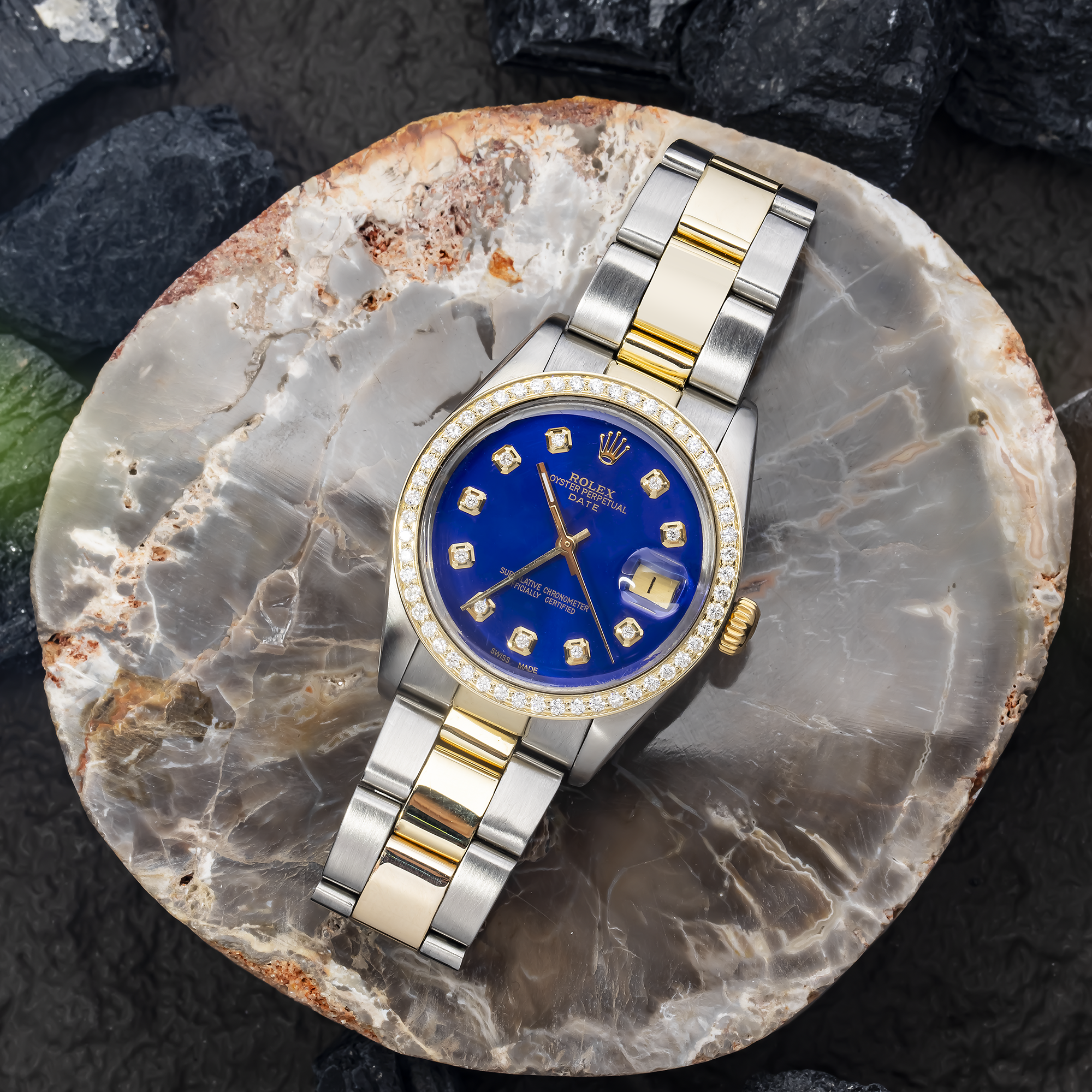 ROLEX OYSTER PERPETUAL  DATE 1505 34MM, BLUE DIAMOND DIAL WITH TWO TONE OYSTER BRACELET