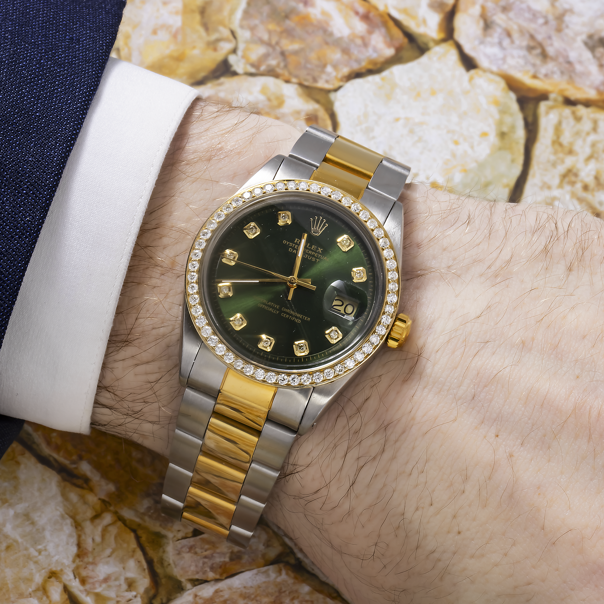 ROLEX DATEJUST 16203 36MM GREEN DIAMOND DIAL WITH TWO TONE OYSTER BRACELET