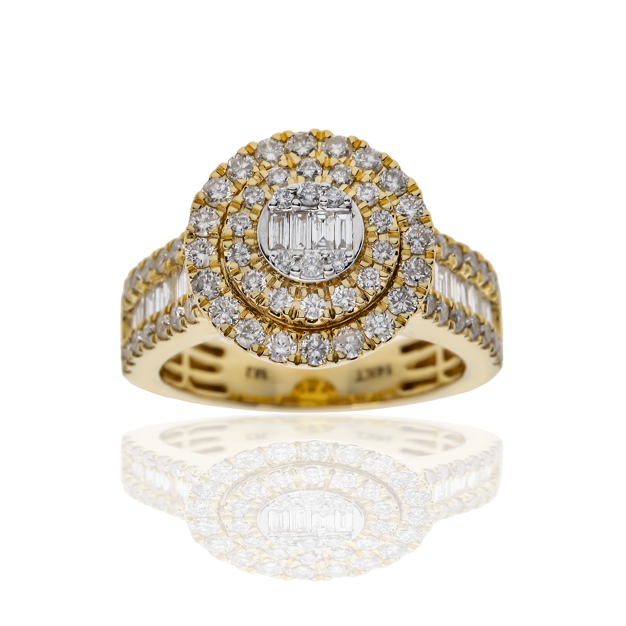 14K GOLD BAGUETTE AND ROUND DIAMOND CLUSTER STATEMENT RING 1.59 CTW