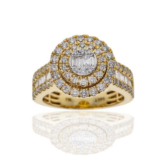 14K GOLD BAGUETTE AND ROUND DIAMOND CLUSTER STATEMENT RING 1.59 CTW