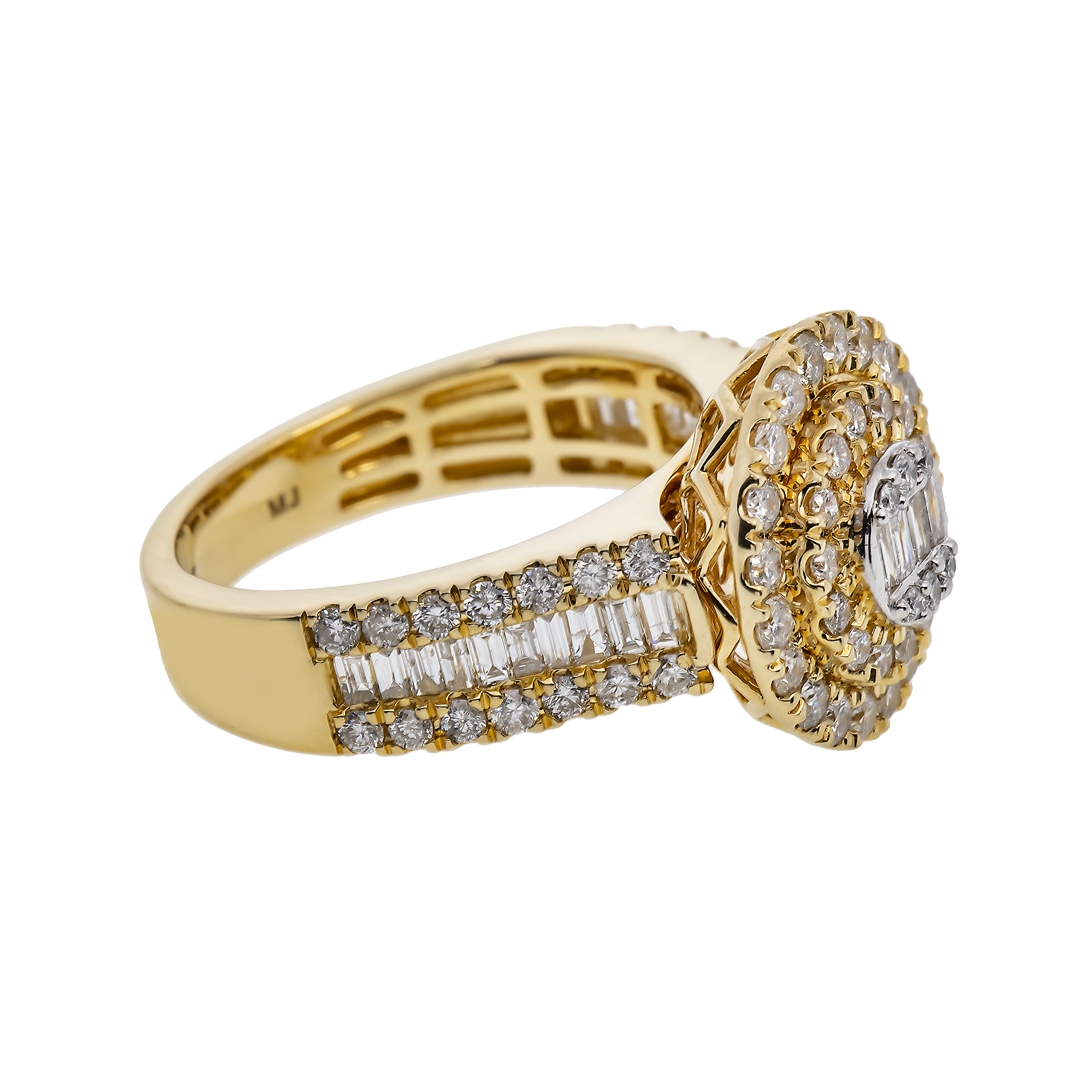 14K GOLD BAGUETTE AND ROUND DIAMOND CLUSTER STATEMENT RING 1.59 CTW
