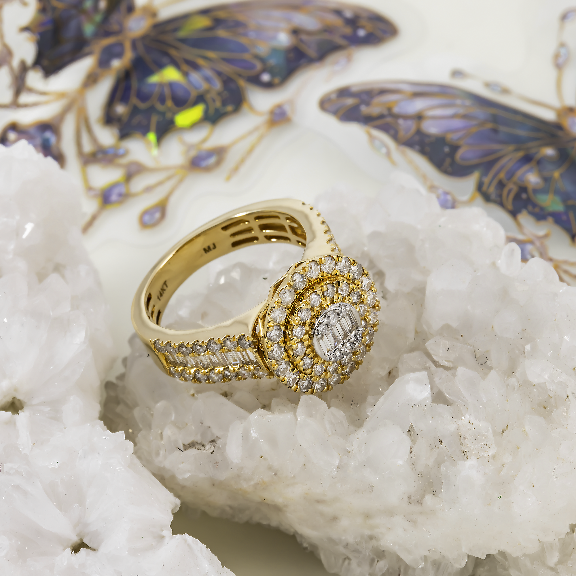 14K GOLD BAGUETTE AND ROUND DIAMOND CLUSTER STATEMENT RING 1.59 CTW