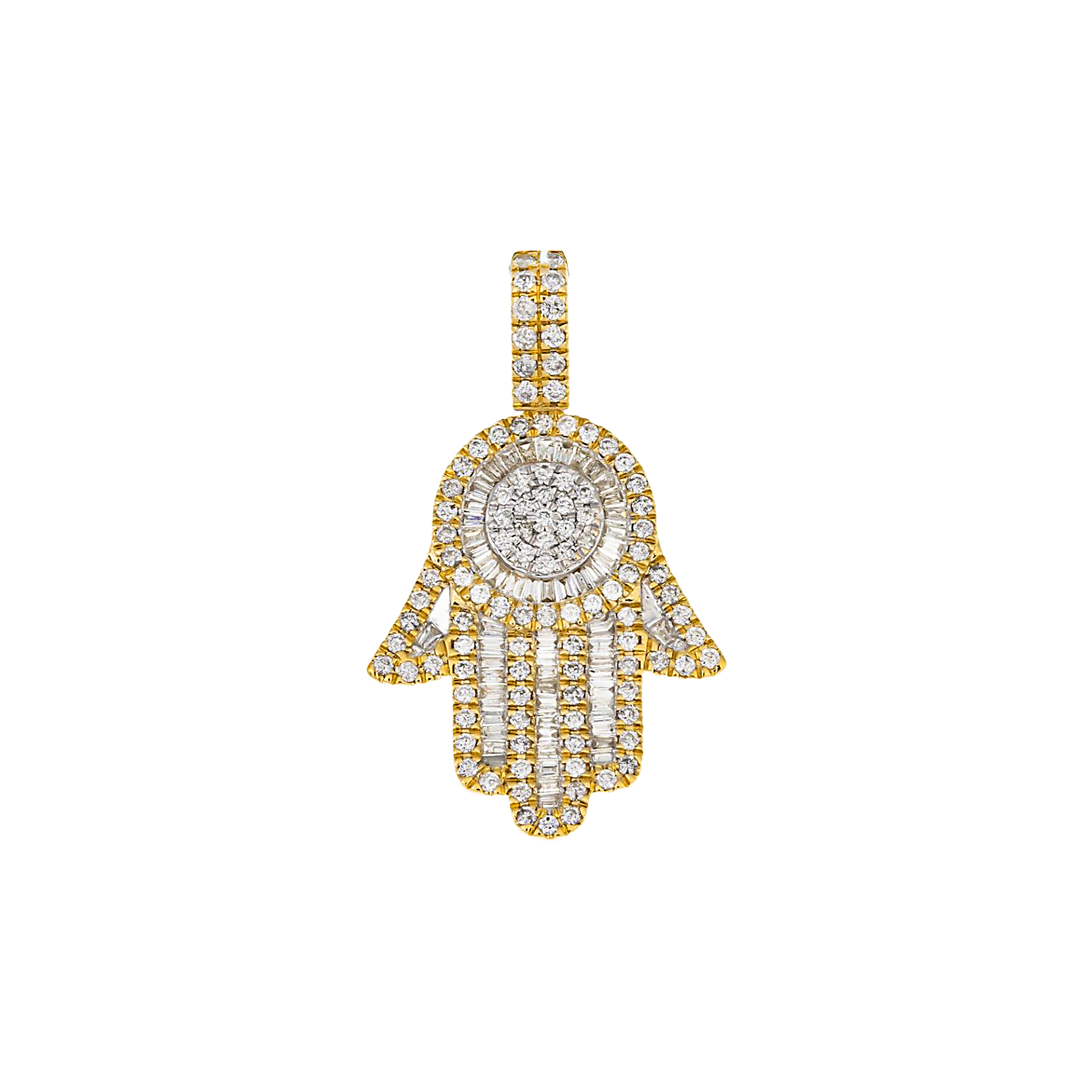 14K GOLD ROUND AND BAGUETTE DIAMOND HAMSA PENDANT 1.11 CT