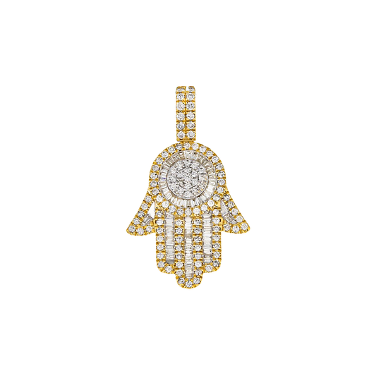 14K GOLD ROUND AND BAGUETTE DIAMOND HAMSA PENDANT 1.11 CT