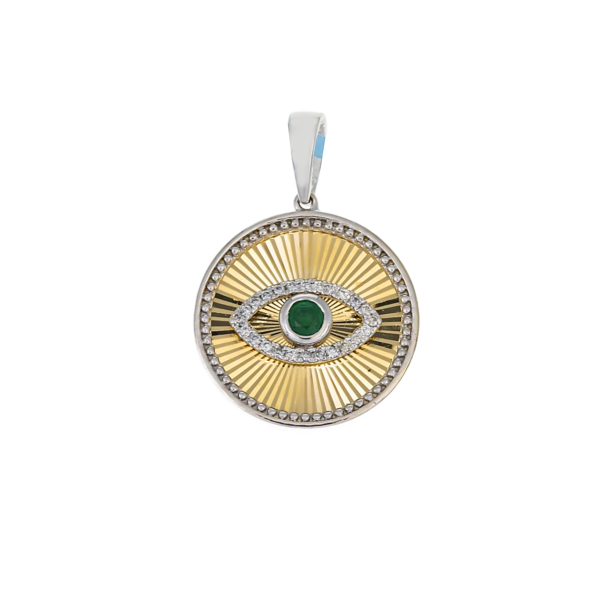 14K GOLD DIAMOND AND GREEN GEMSTONE EVIL EYE COIN PENDANT 0.21 CT