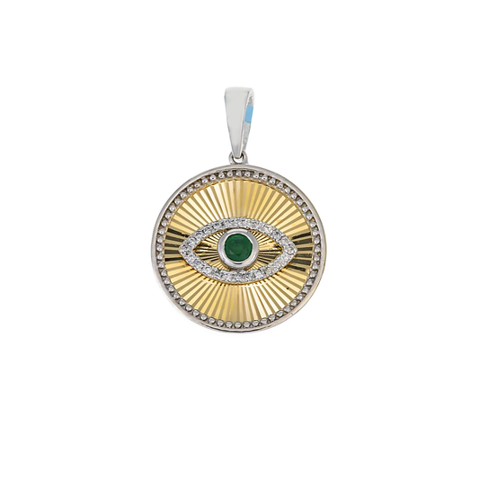 14K GOLD DIAMOND AND GREEN GEMSTONE EVIL EYE COIN PENDANT 0.21 CT