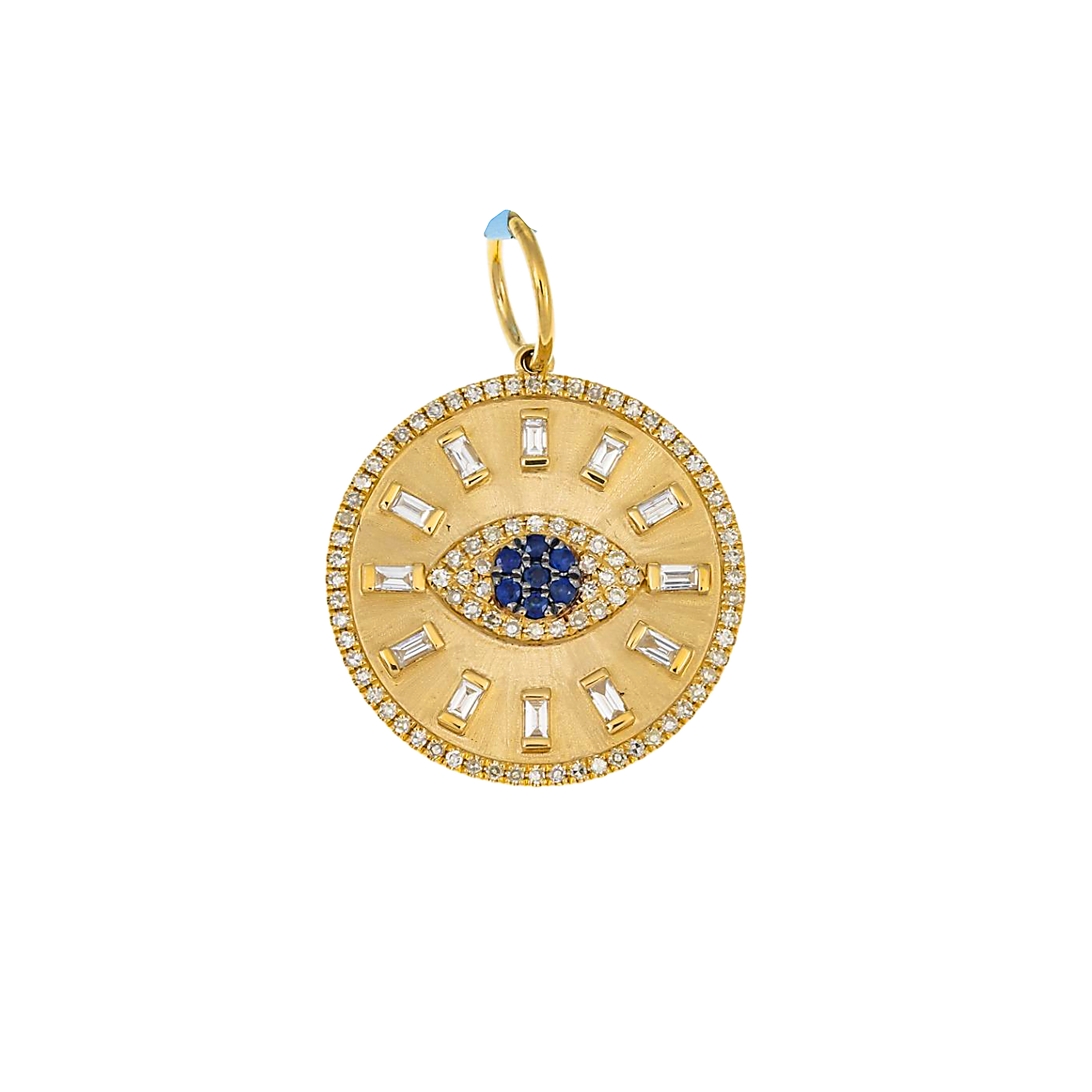14K GOLD BAGUETTE DIAMOND AND BLUE GEMSTONE EVIL EYE COIN PENDANT 0.50 CT