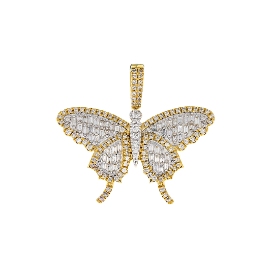 14K GOLD BAGUETTE AND ROUND DIAMOND BUTTERFLY PENDANT 1.06 CT