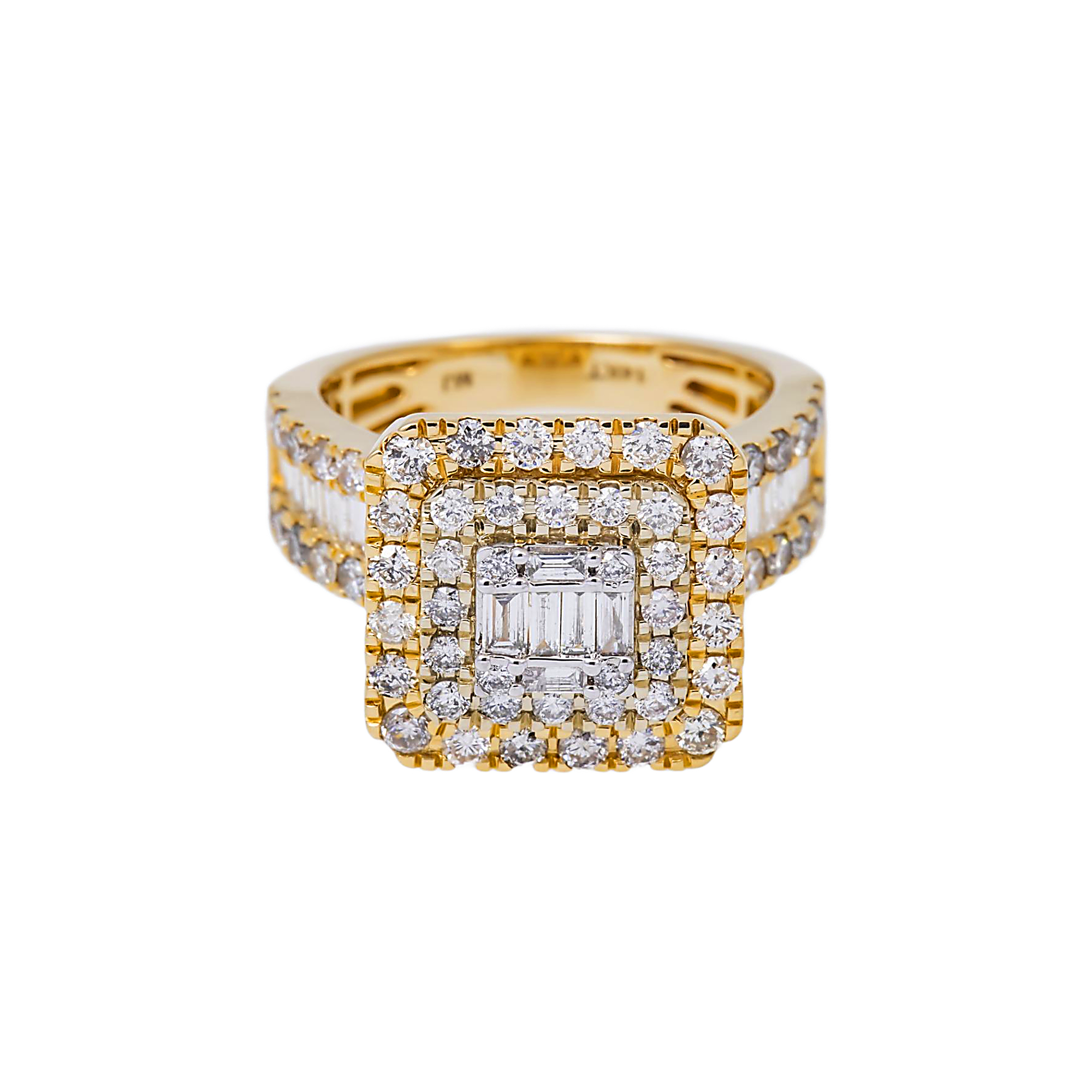 14K GOLD BAGUETTE AND ROUND DIAMOND SQUARE SHAPE RING 1.97 CT