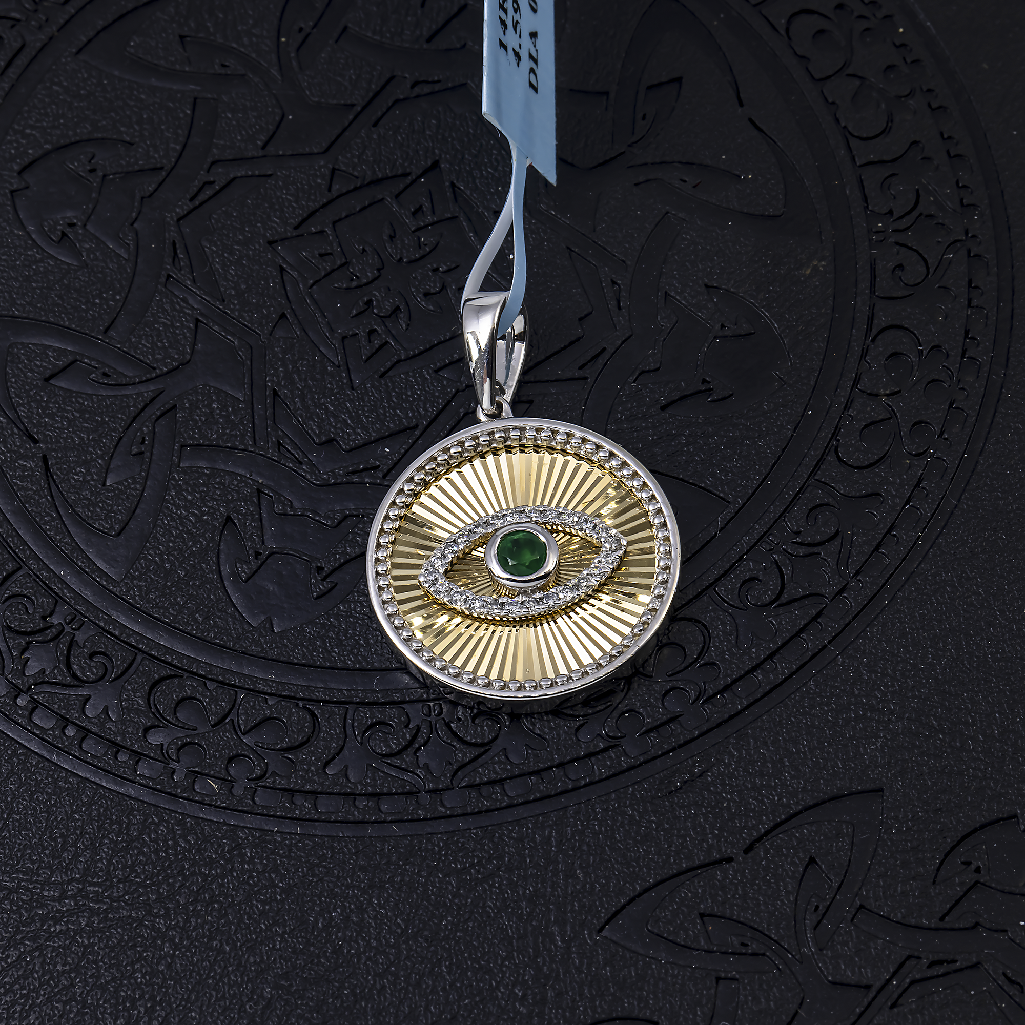 14K GOLD DIAMOND AND GREEN GEMSTONE EVIL EYE COIN PENDANT 0.21 CT