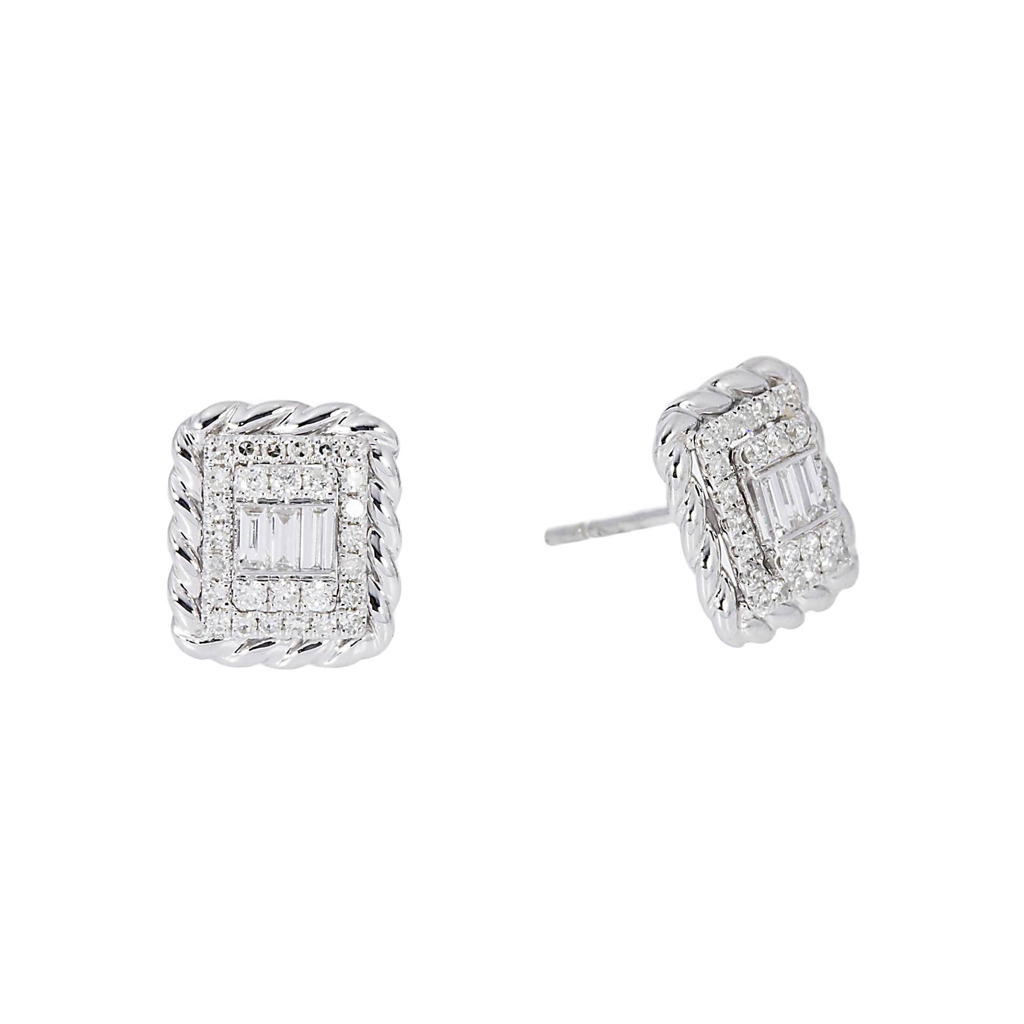 14K GOLD BAGUETTE AND ROUND DIAMOND RECTANGULAR EARRINGS 0.55 CTW