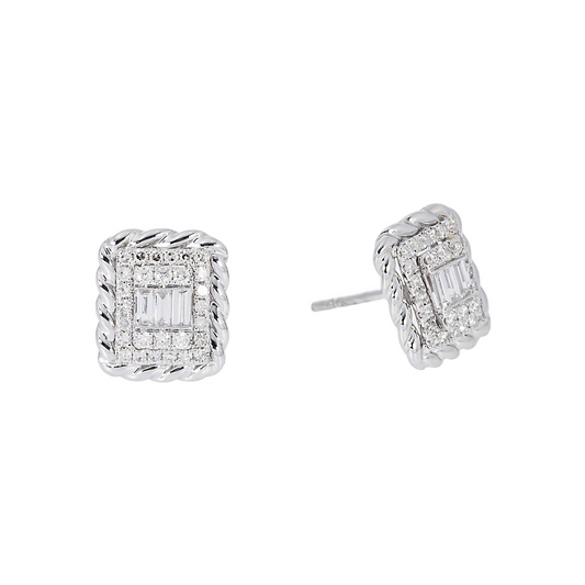 14K GOLD BAGUETTE AND ROUND DIAMOND RECTANGULAR EARRINGS 0.55 CTW