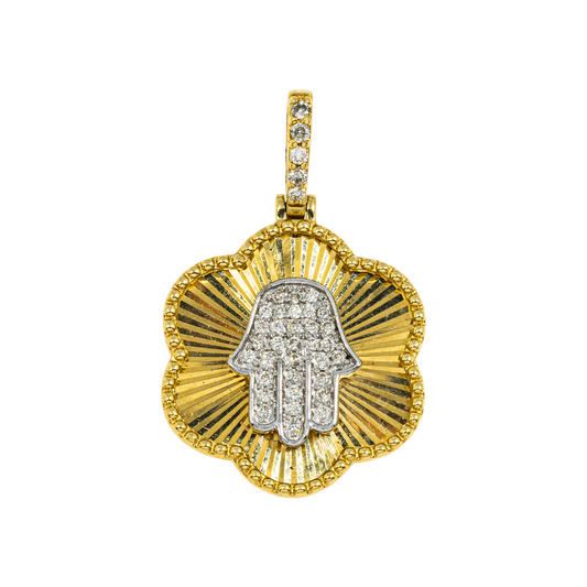 14K GOLD DIAMOND CLOVER WITH HAMSA PENDANT 0.21 CT