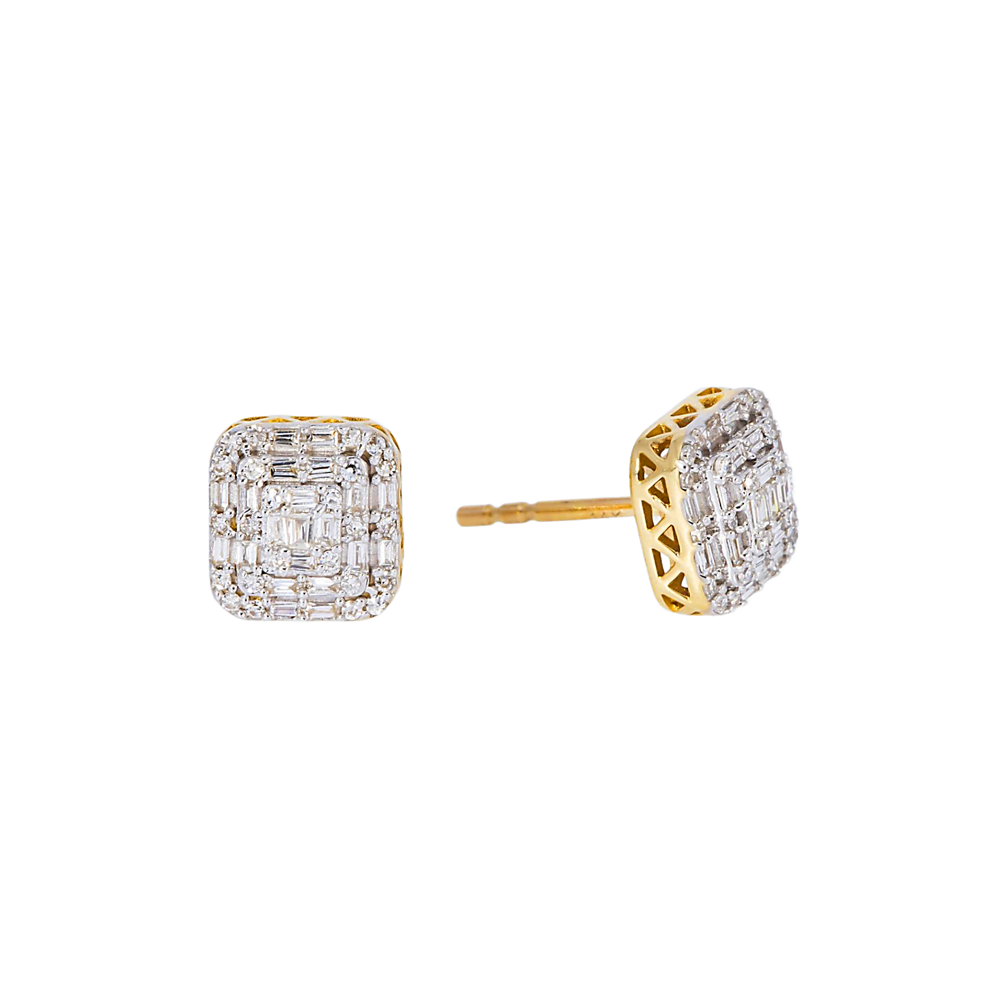 14K GOLD ROUND AND BAGUETTE DIAMOND CLUSTER EARRINGS 0.30 CTW