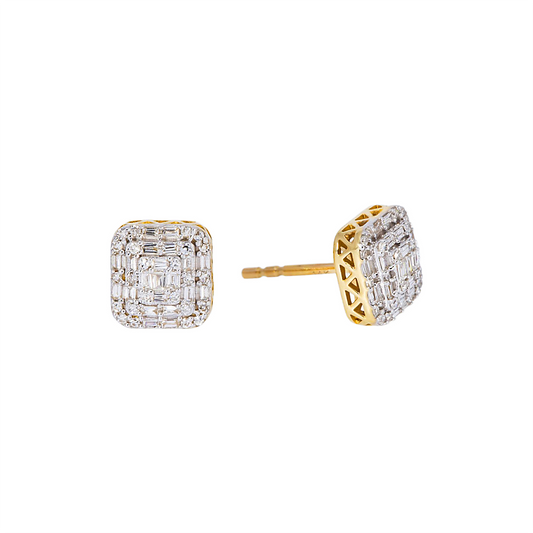 14K GOLD ROUND AND BAGUETTE DIAMOND CLUSTER EARRINGS 0.30 CTW