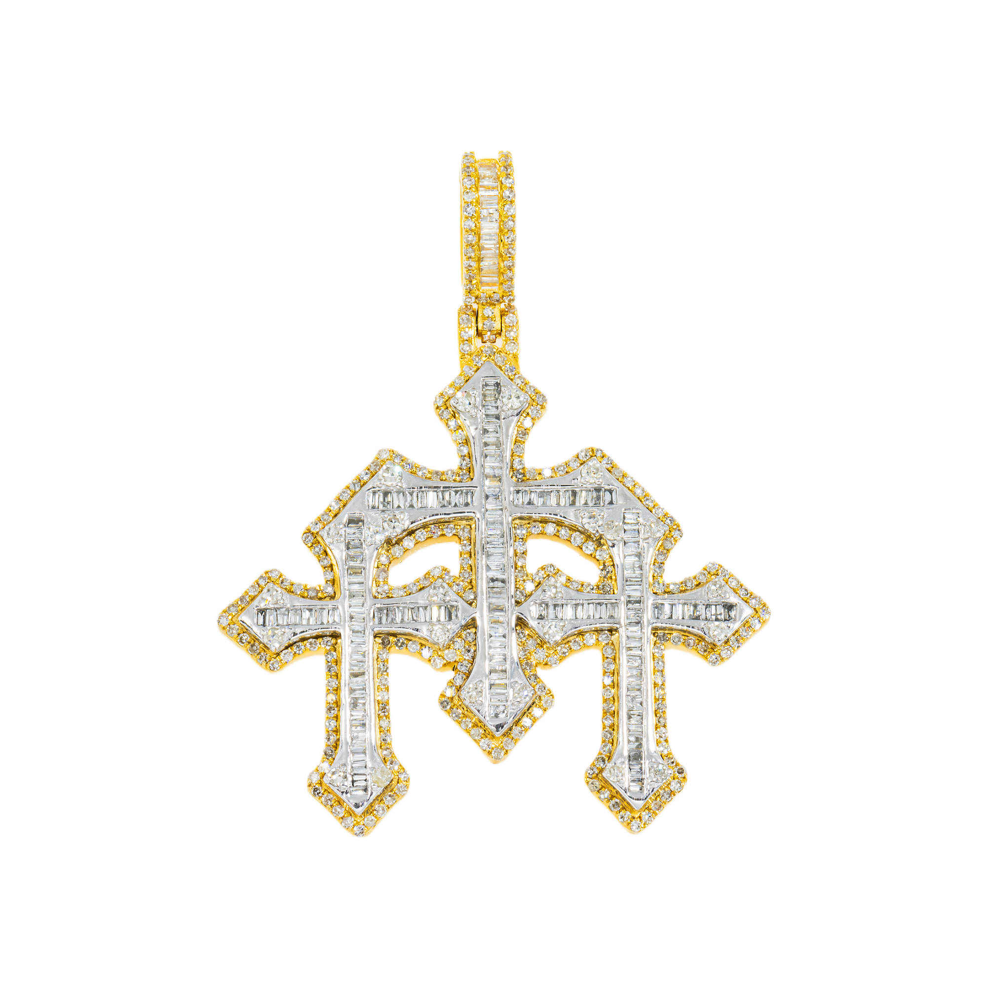 10K GOLD BAGUETTE AND ROUND DIAMOND TRIPLE CROSSES PENDANT 1.50 CT