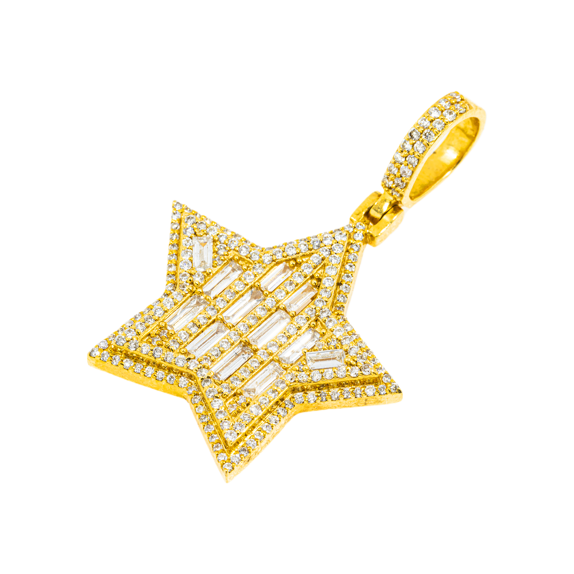 10K GOLD ROUND AND BAGUETTE DIAMOND STAR PENDANT 1.55 CT