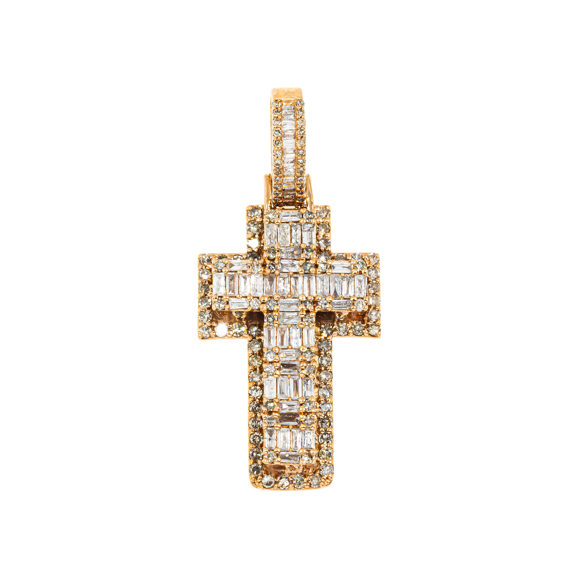 14K GOLD BAGUETTE AND ROUND DIAMOND CROSS PENDANT 1.53 CT