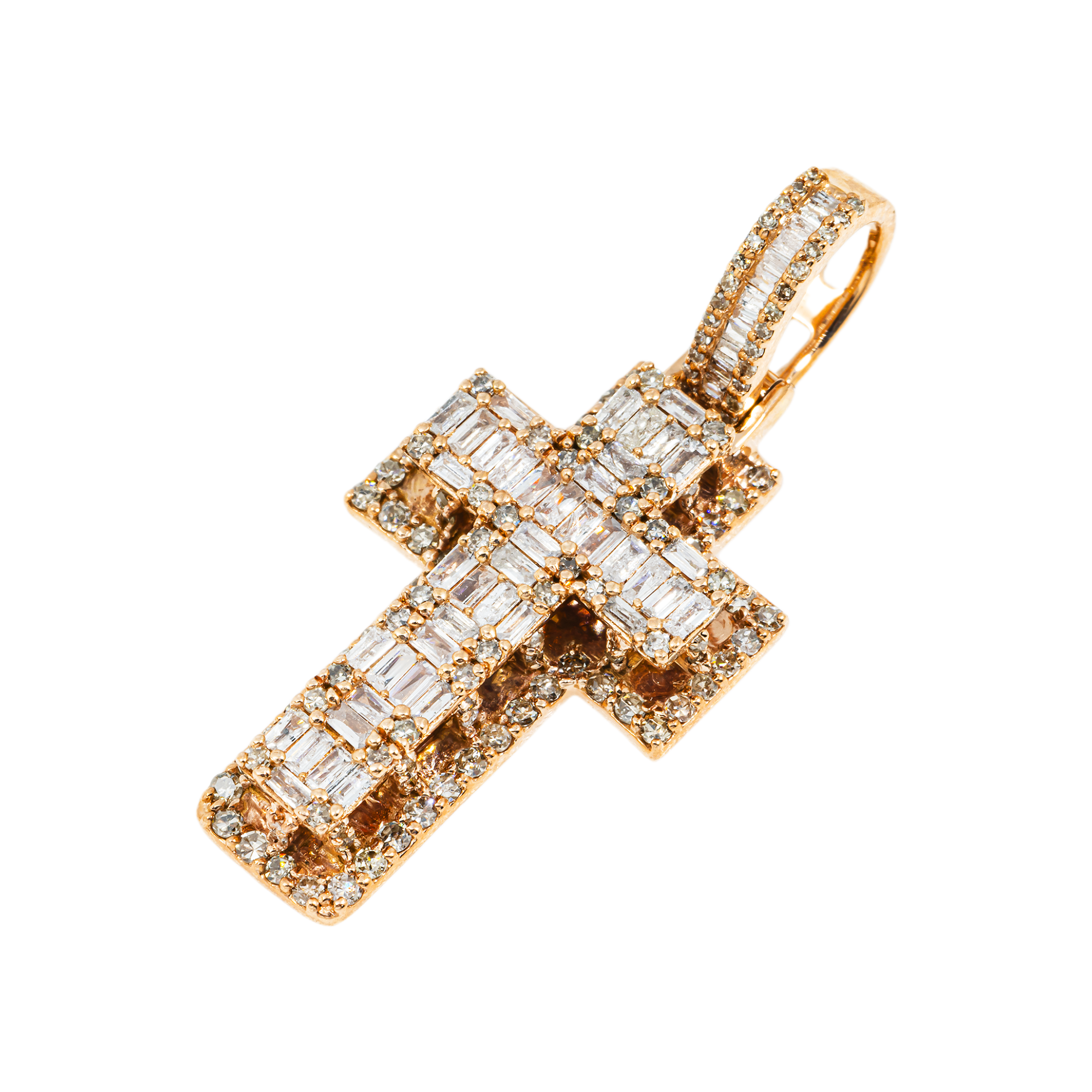 14K GOLD BAGUETTE AND ROUND DIAMOND CROSS PENDANT 1.53 CT