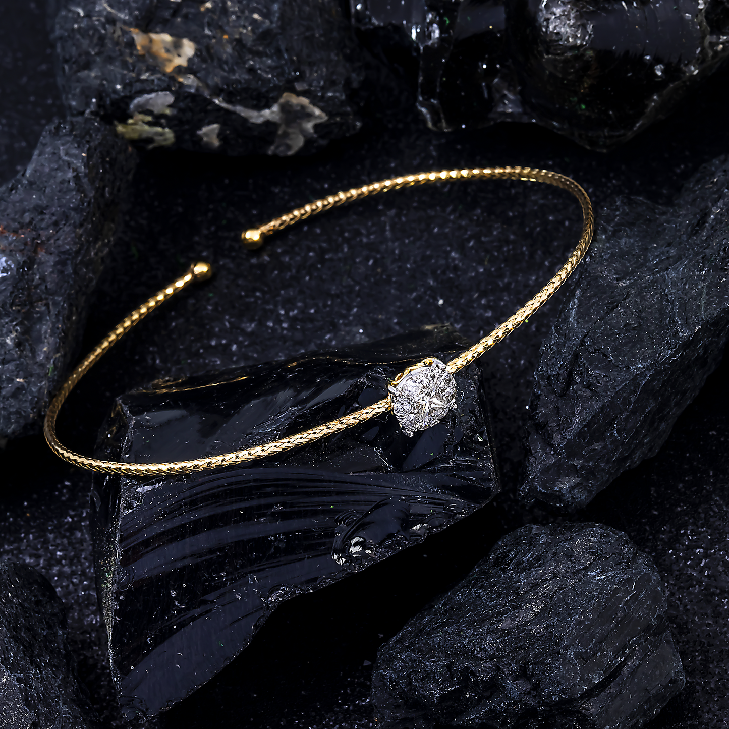 14K GOLD ROUND DIAMOND CLUSTER THIN OPEN BANGLE BRACELET 0.55 CT
