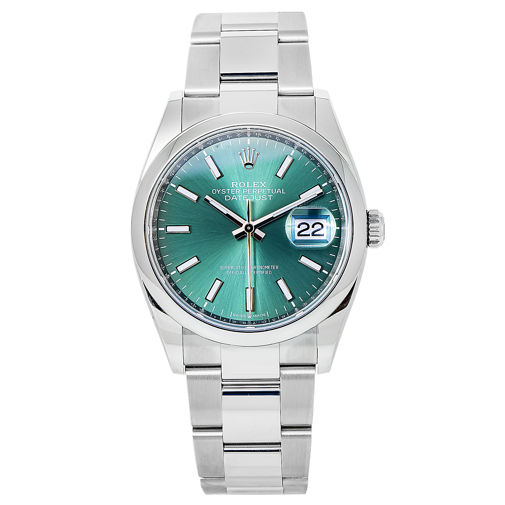 ROLEX DATEJUST 126200 36MM GREEN INDEX DIAL WITH STAINLESS STEEL OYSTER BRACELET