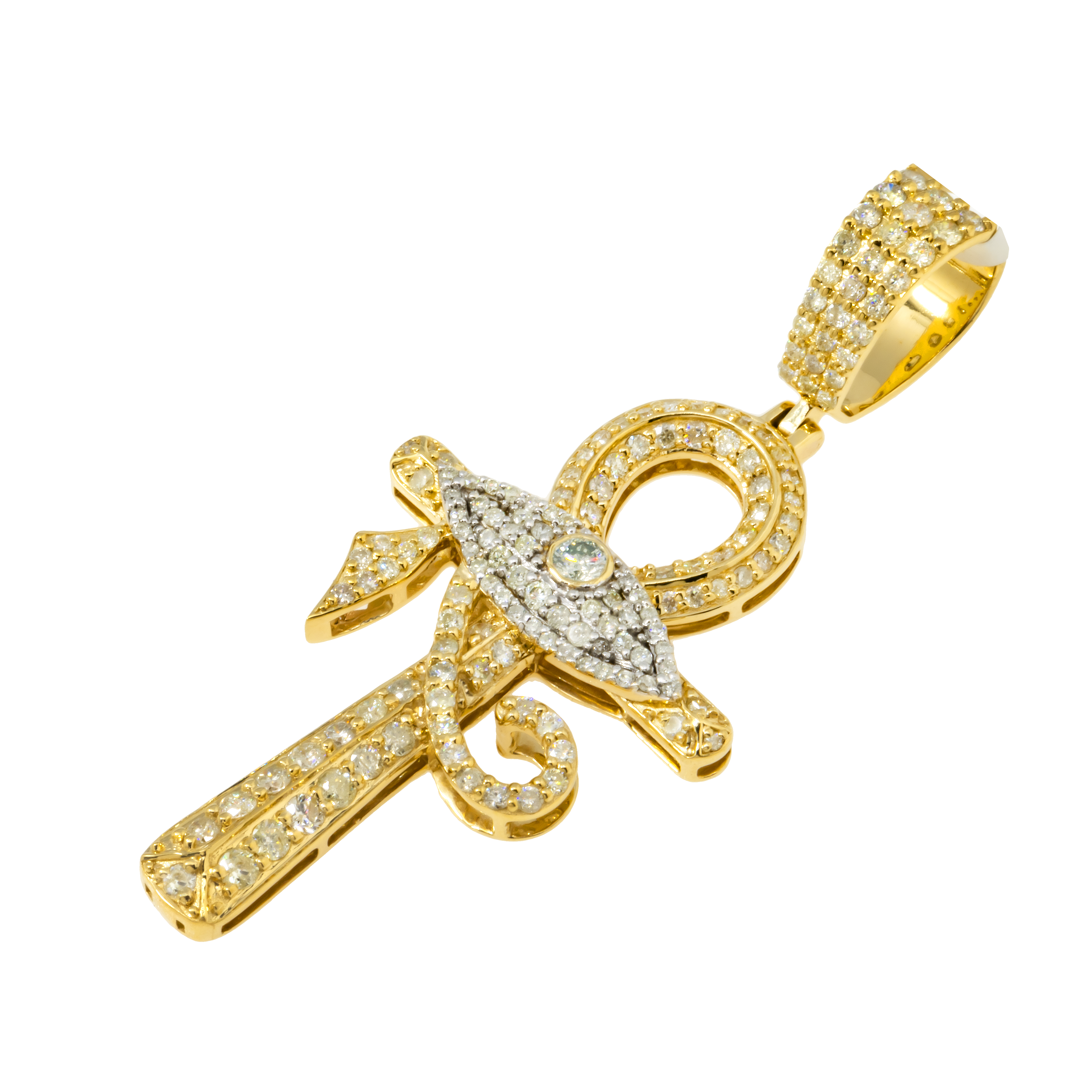 14K GOLD ROUND DIAMOND ANKH WITH EVIL EYE PENDANT 1.25 CT