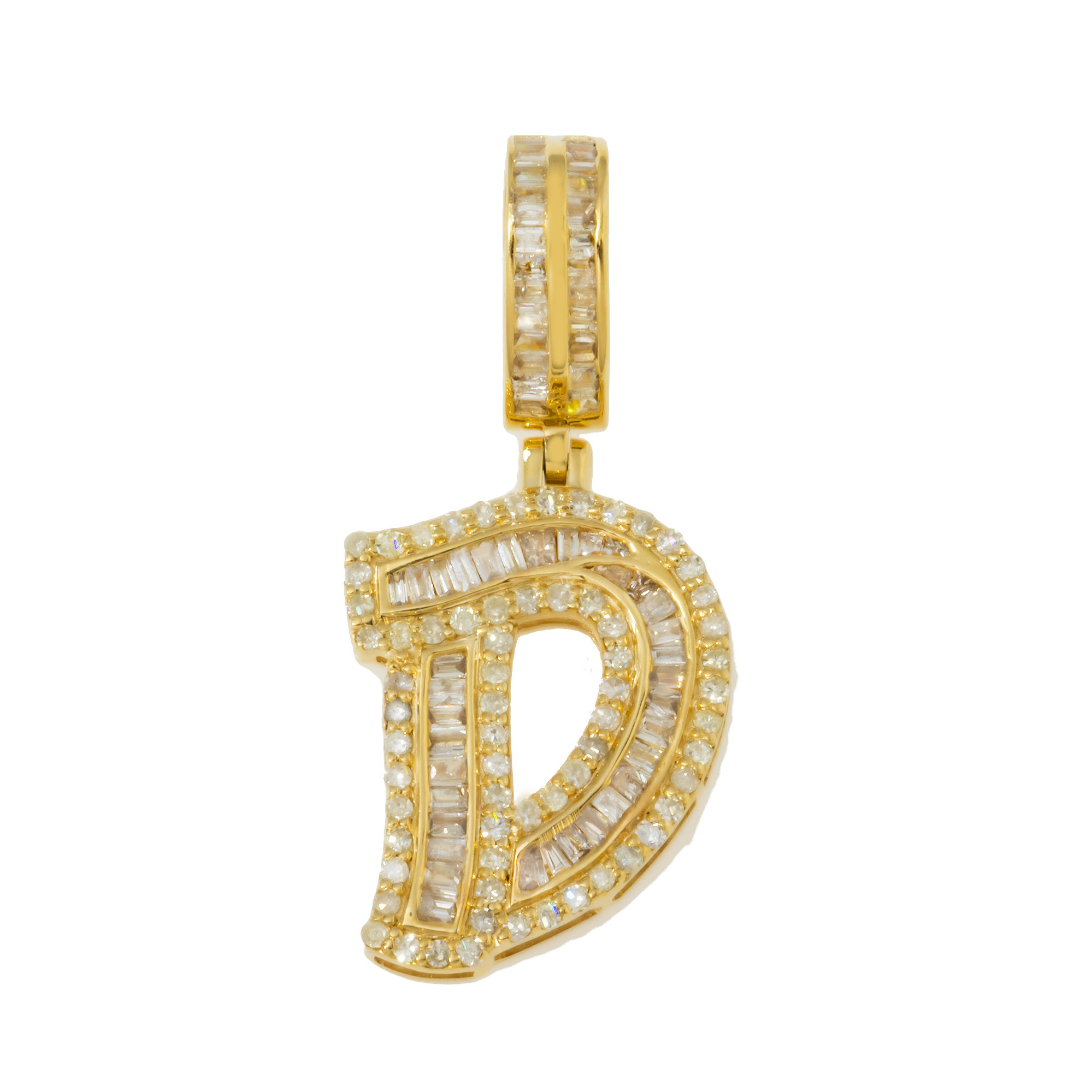 14K GOLD BAGUETTE AND ROUND DIAMOND INITIAL D PENDANT 0.62 CT