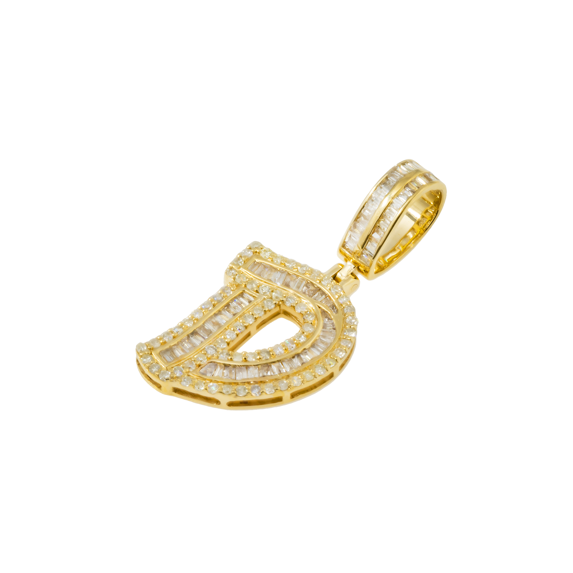 14K GOLD BAGUETTE AND ROUND DIAMOND INITIAL D PENDANT 0.62 CT