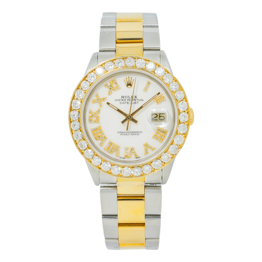 Rolex Datejust 16013 36MM White Diamond Roman Dial And Bezel With Two Tone Oyster Bracelet