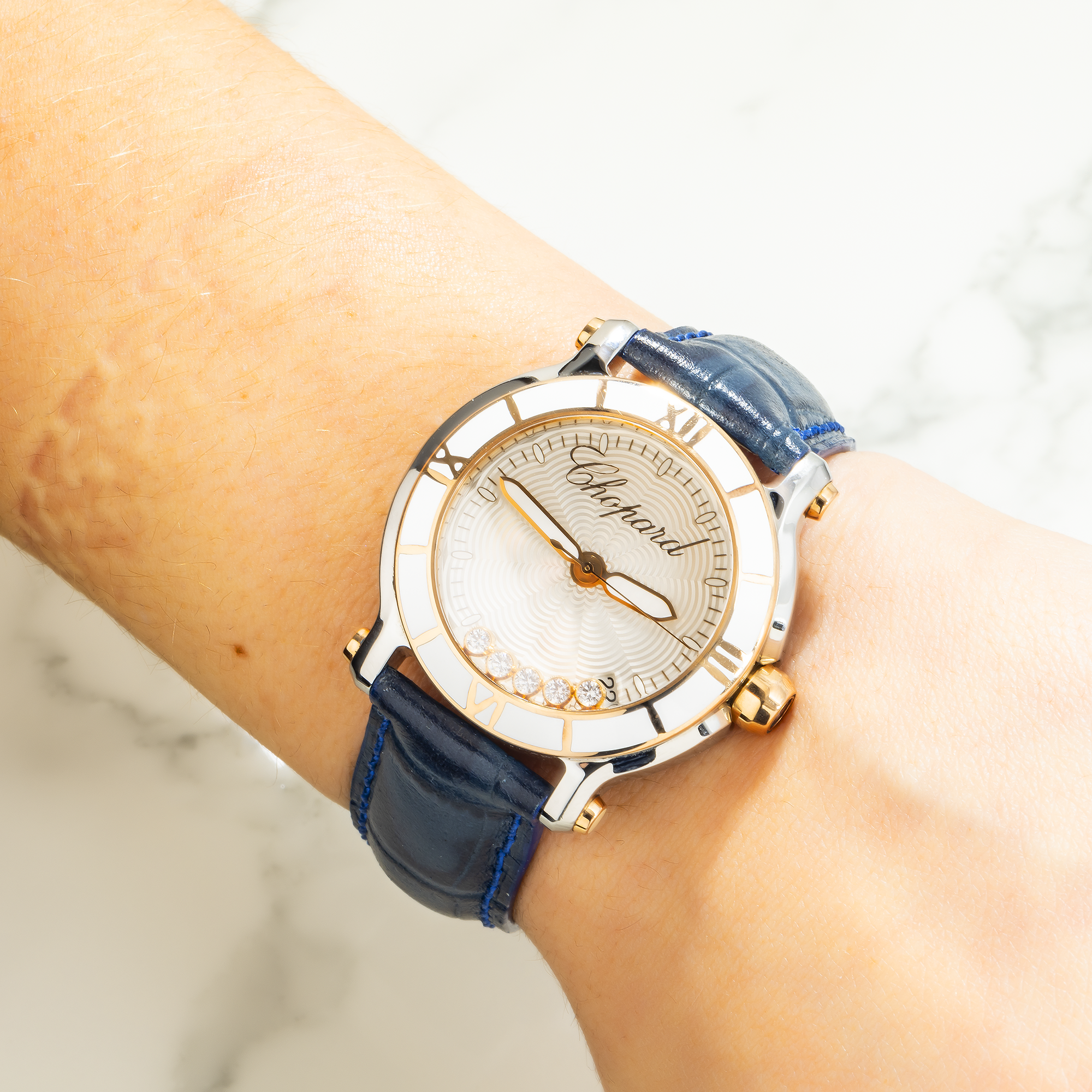 CHOPARD HAPPY SPORT 8475 36MM SILVER DIAL AND ROSE GOLD BEZEL