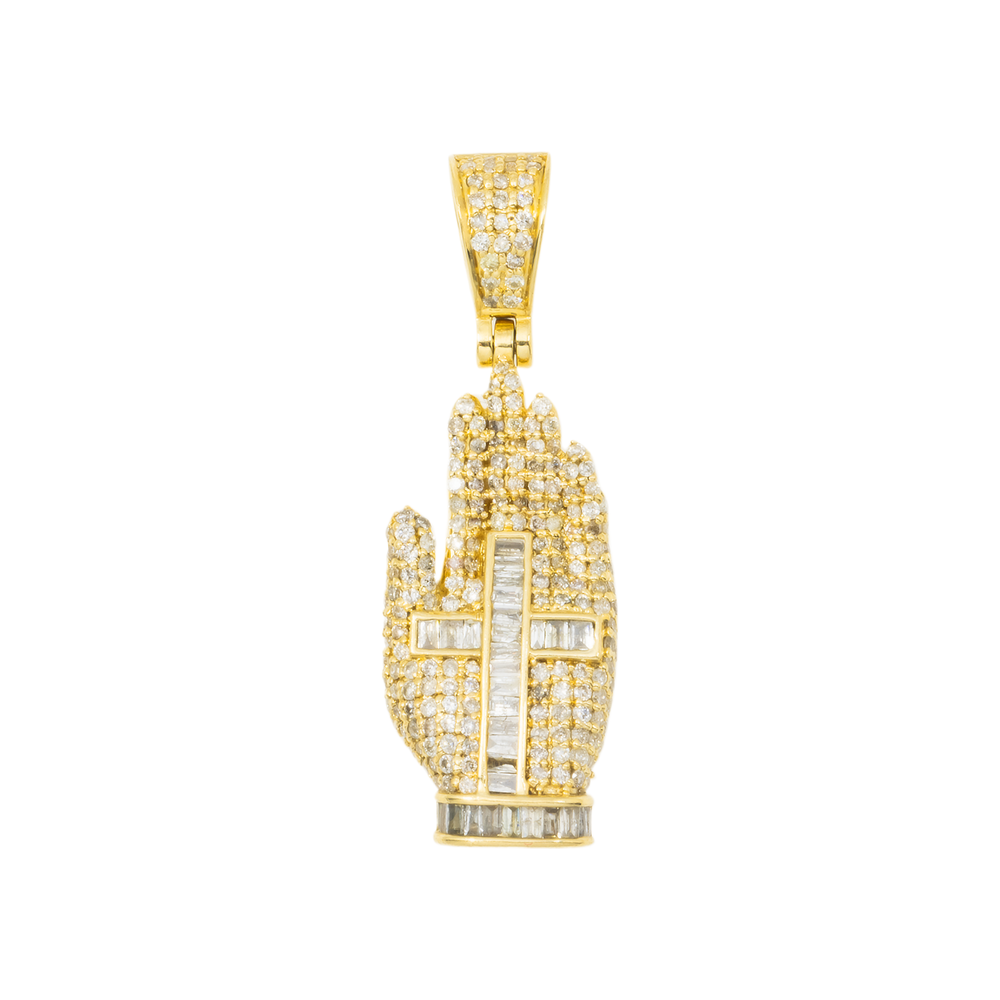 10K GOLD BAGUETTE AND ROUND DIAMOND PRAYING HAND WITH CROSS PENDANT 0.69 CT