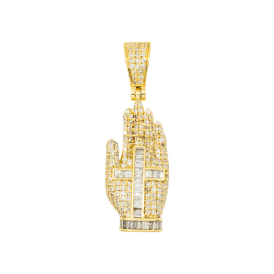 10K GOLD BAGUETTE AND ROUND DIAMOND PRAYING HAND WITH CROSS PENDANT 0.69 CT