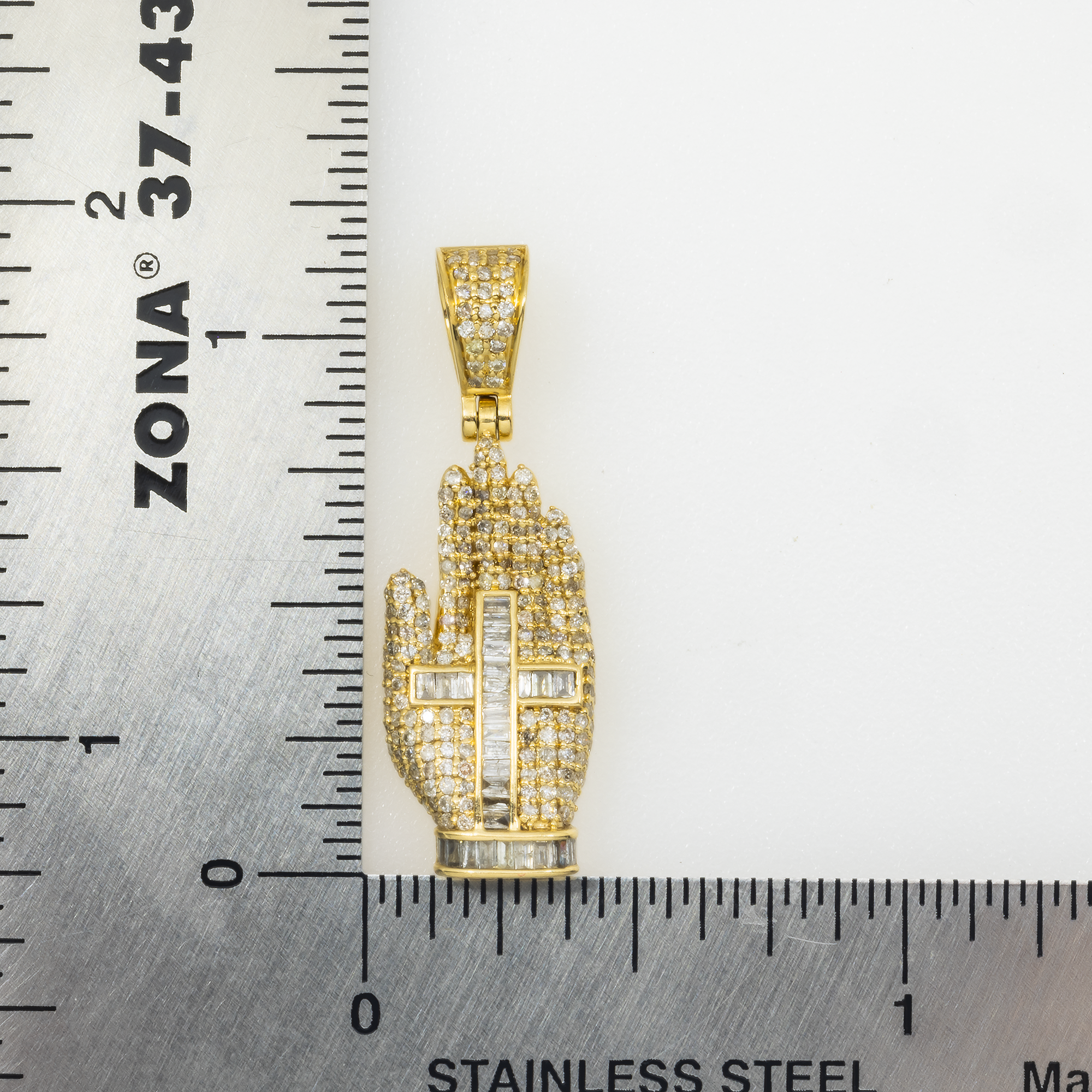 10K GOLD BAGUETTE AND ROUND DIAMOND PRAYING HAND WITH CROSS PENDANT 0.69 CT