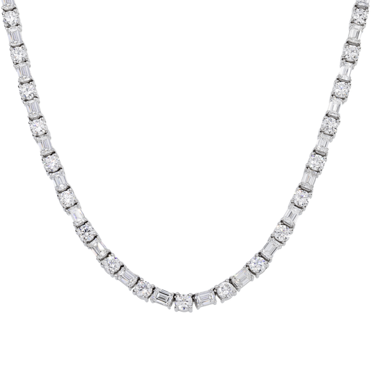 14K GOLD EMERALD AND ROUND LAB DIAMOND TENNIS CHAIN 40.22 CT