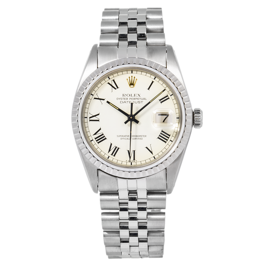 ROLEX DATEJUST 1603 36MM WHITE ROMAN NUMERALS DIAL WITH STAINLESS STEEL JUBILEE BRACELET