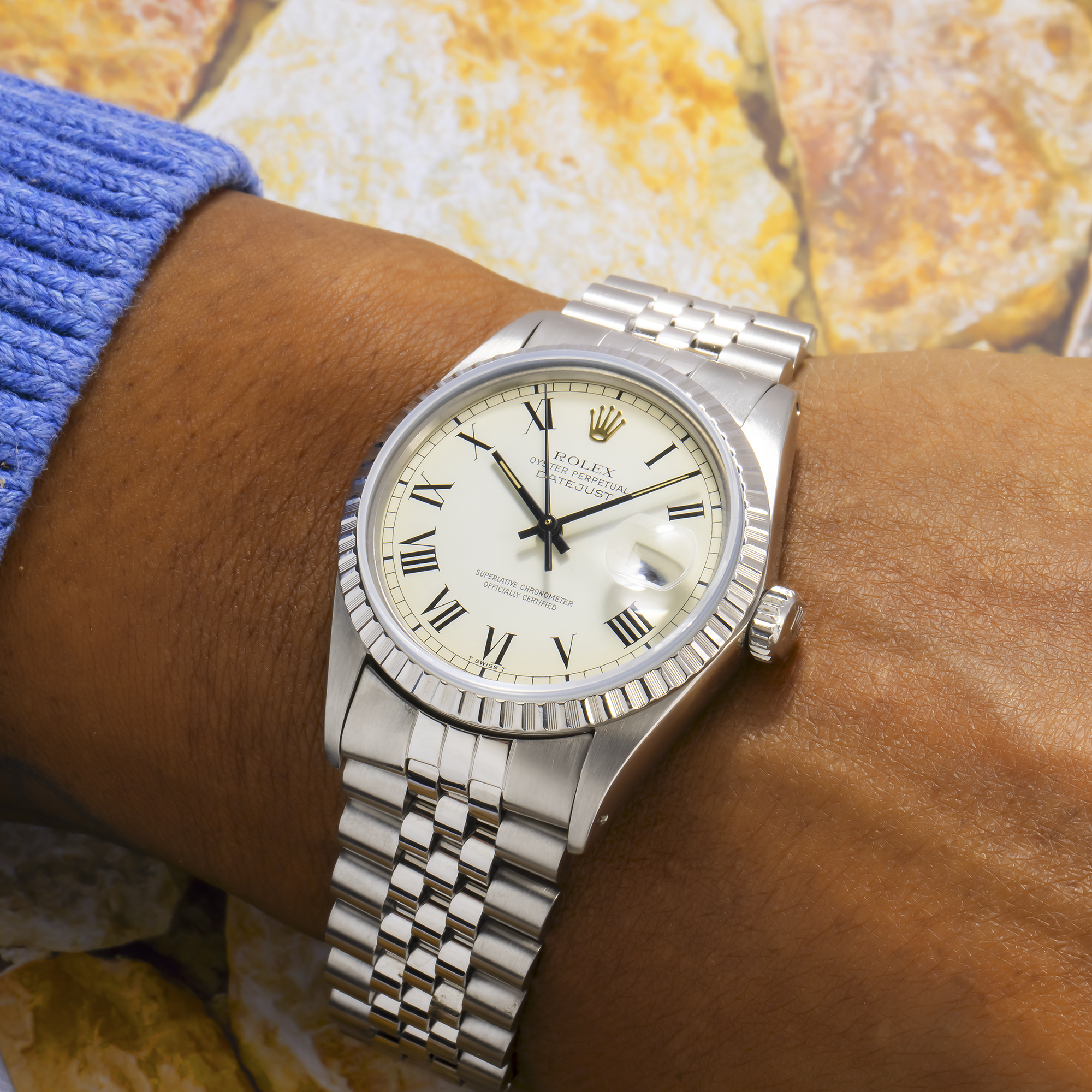 ROLEX DATEJUST 1603 36MM WHITE ROMAN NUMERALS DIAL WITH STAINLESS STEEL JUBILEE BRACELET