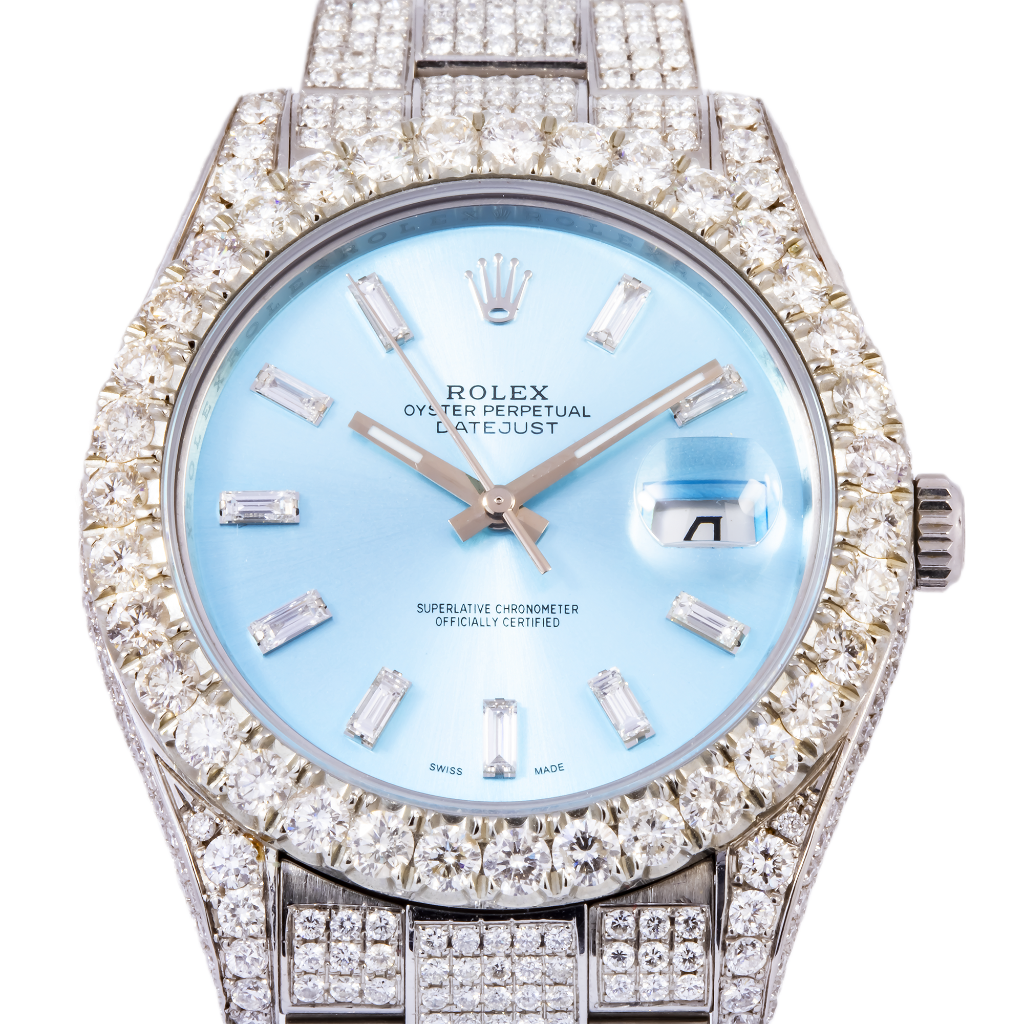 ROLEX DATEJUST 116200 36MM SKY BLUE BAGUETTE DIAMOND DIAL WITH STAINLESS STEEL OYSTER DIAMOND BRACELET