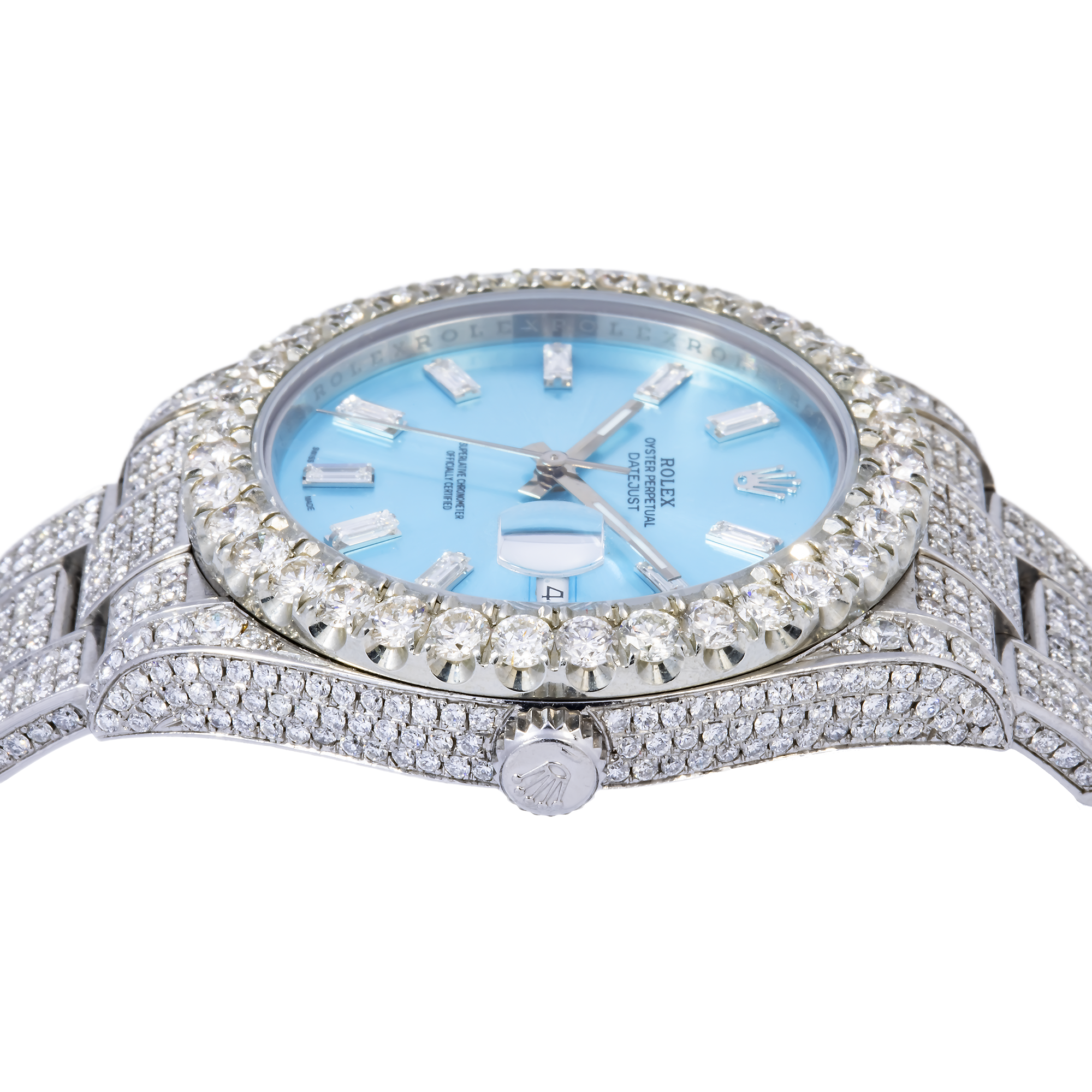 ROLEX DATEJUST 116200 36MM SKY BLUE BAGUETTE DIAMOND DIAL WITH STAINLESS STEEL OYSTER DIAMOND BRACELET