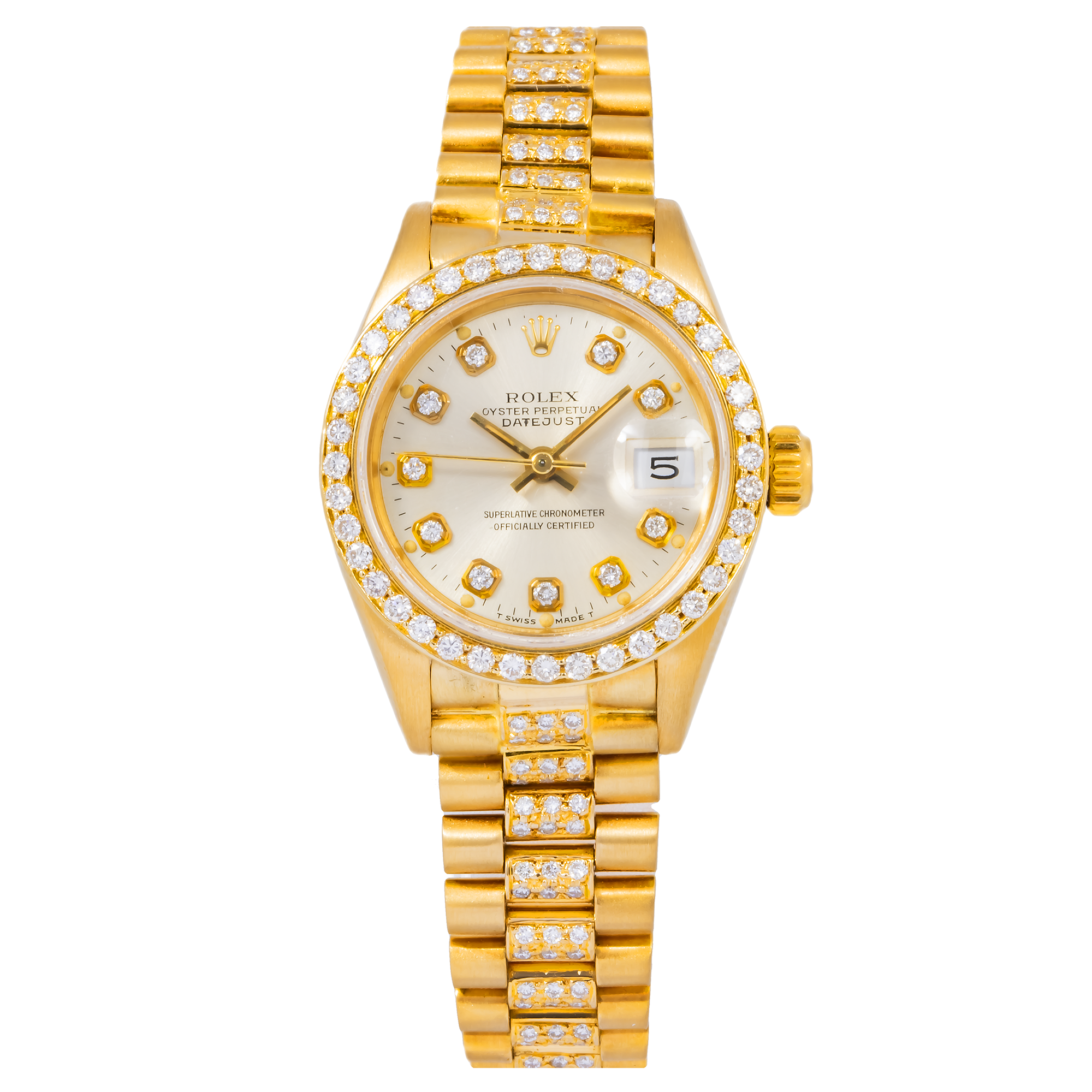 ROLEX LADY-DATEJUST DIAMOND WATCH, 69178 26MM, SILVER DIAMOND DIAL WITH PRESIDENT YELLOW GOLD SEMI DIAMOND JUBILEE BRACELET