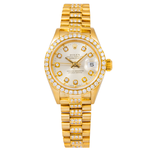 ROLEX LADY-DATEJUST DIAMOND WATCH, 69178 26MM, SILVER DIAMOND DIAL WITH PRESIDENT YELLOW GOLD SEMI DIAMOND JUBILEE BRACELET